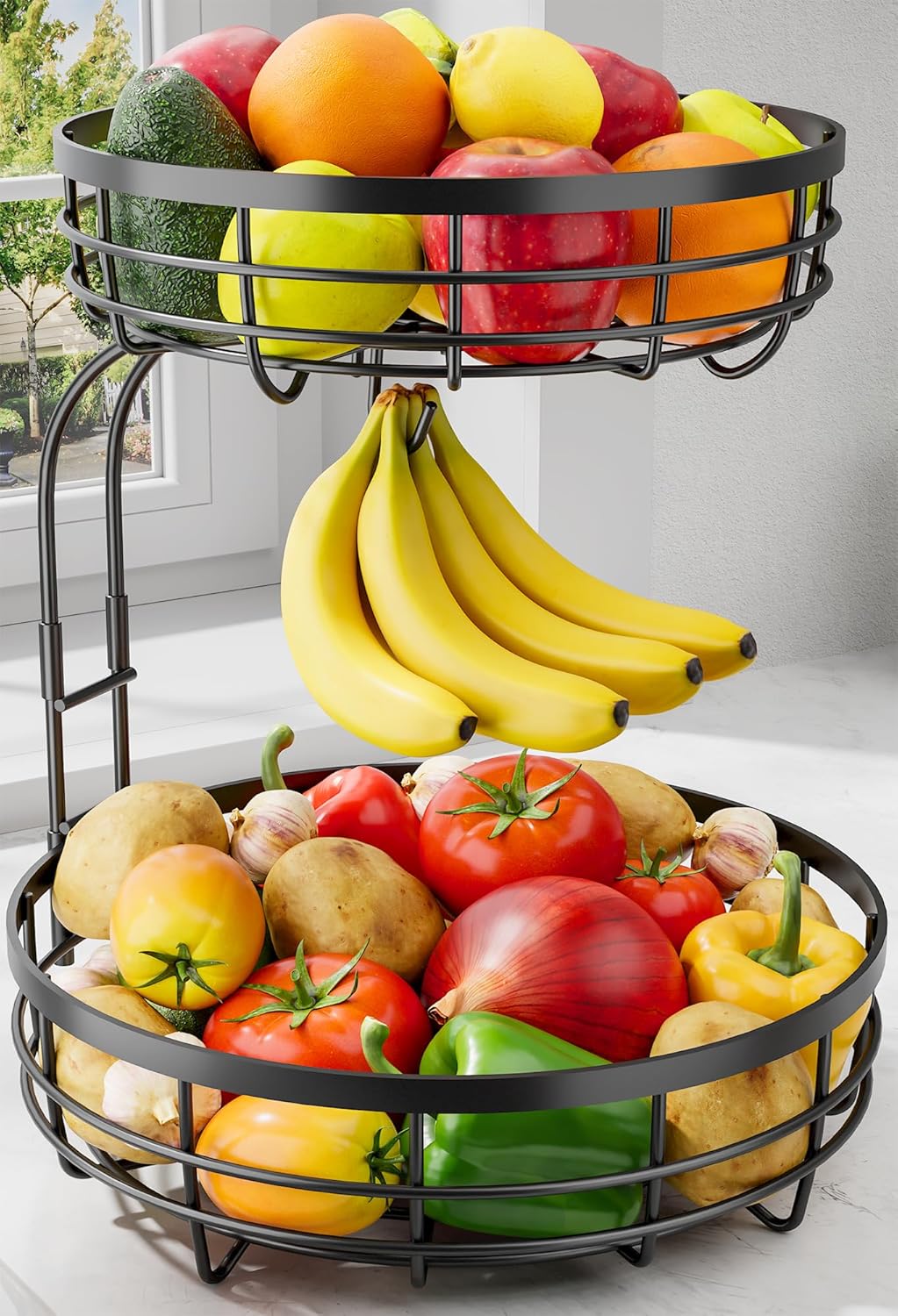Sakugi Fruit Basket for Kitchen Counter – 2-Tier Large Capacity Fruit Bowl with Detachable Banana Hanger, Rust-Proof Metal Fruit Holder for Vegetables, Bread, Toiletry,10″ D x 10″ W x 14″ H, Black