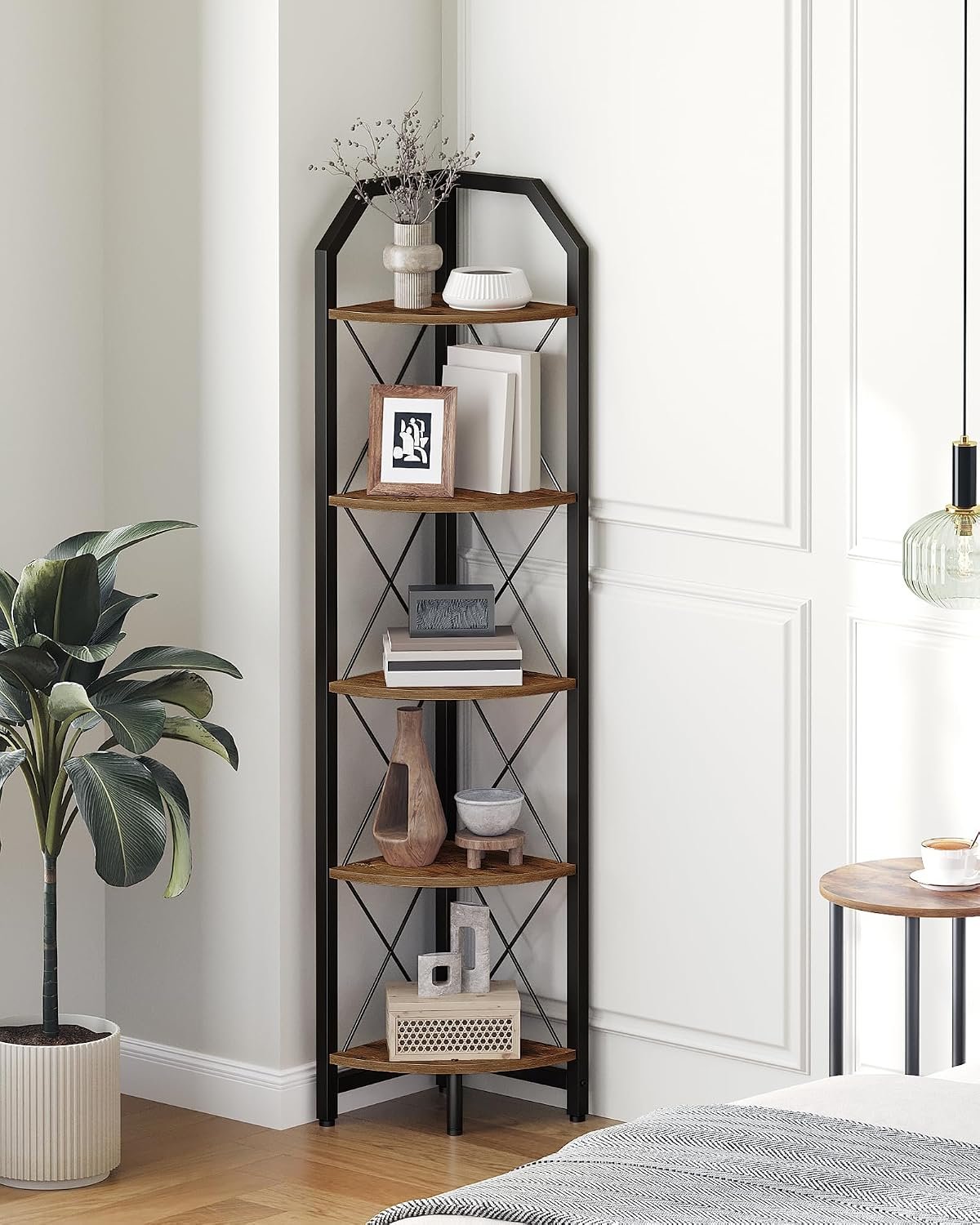 59.4″ Corner Shelf, 5-Tier Industrial Corner Bookshelf, Corner Storage Stand, Plant Stand Display Shelf, Bookcase for Bedroom, Living Room, Home Office, Rustic Brown and Black TCJ10BF