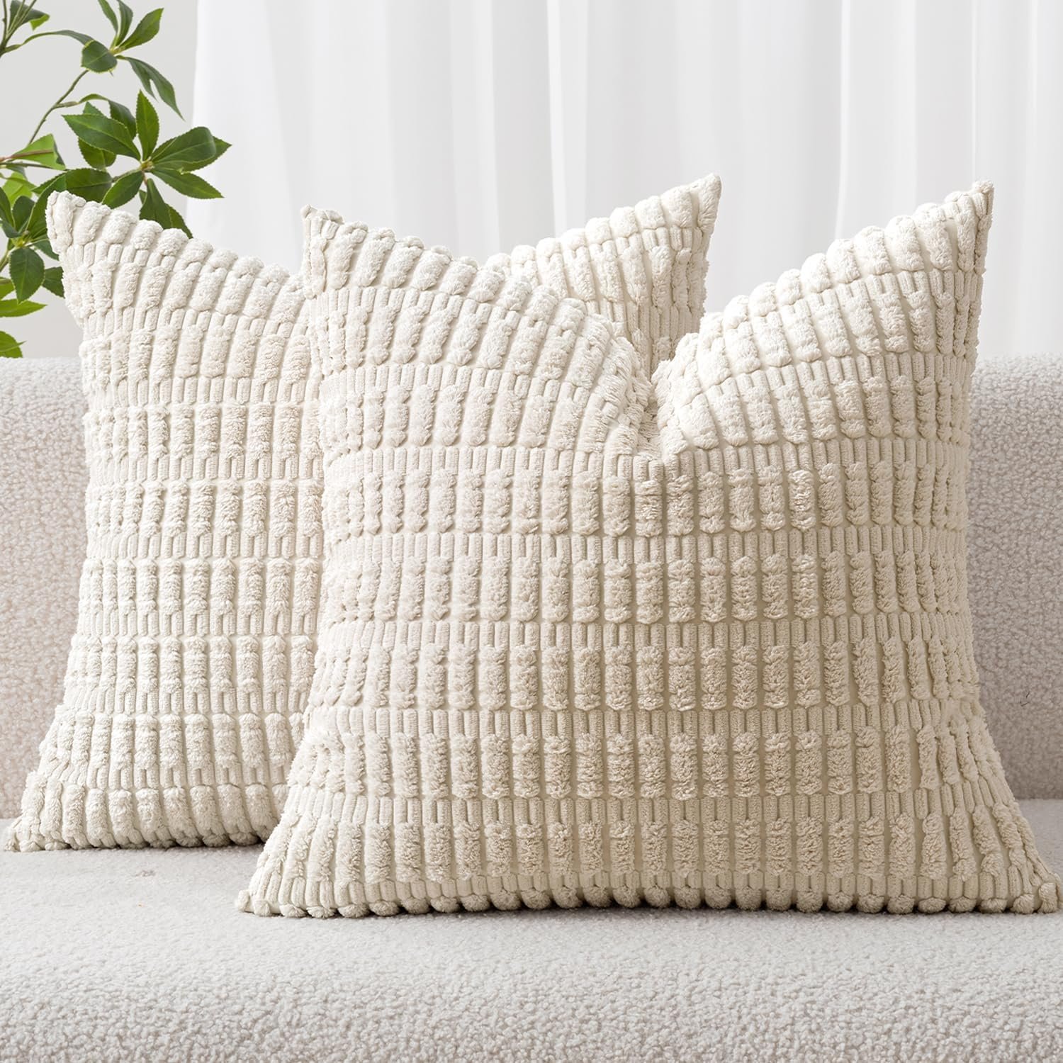 MIULEE Corduroy Decorative Throw Pillow Covers 20×20 Cream White Pack of 2 | Soft Boho Striped Pillow Covers Modern Farmhouse Home Decor For Sofa Living Room Couch Bed
