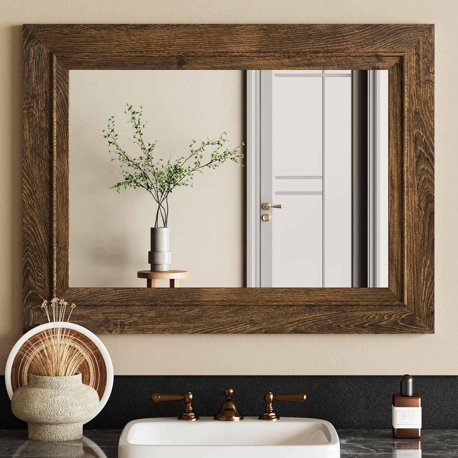 Rustic Wall-Mounted Vanity Mirror, Solid Wood Frame Bathroom Mirror, Farmhouse Style for Living Room, Bedroom, Entryway, Horizontal/Vertical Hanging
