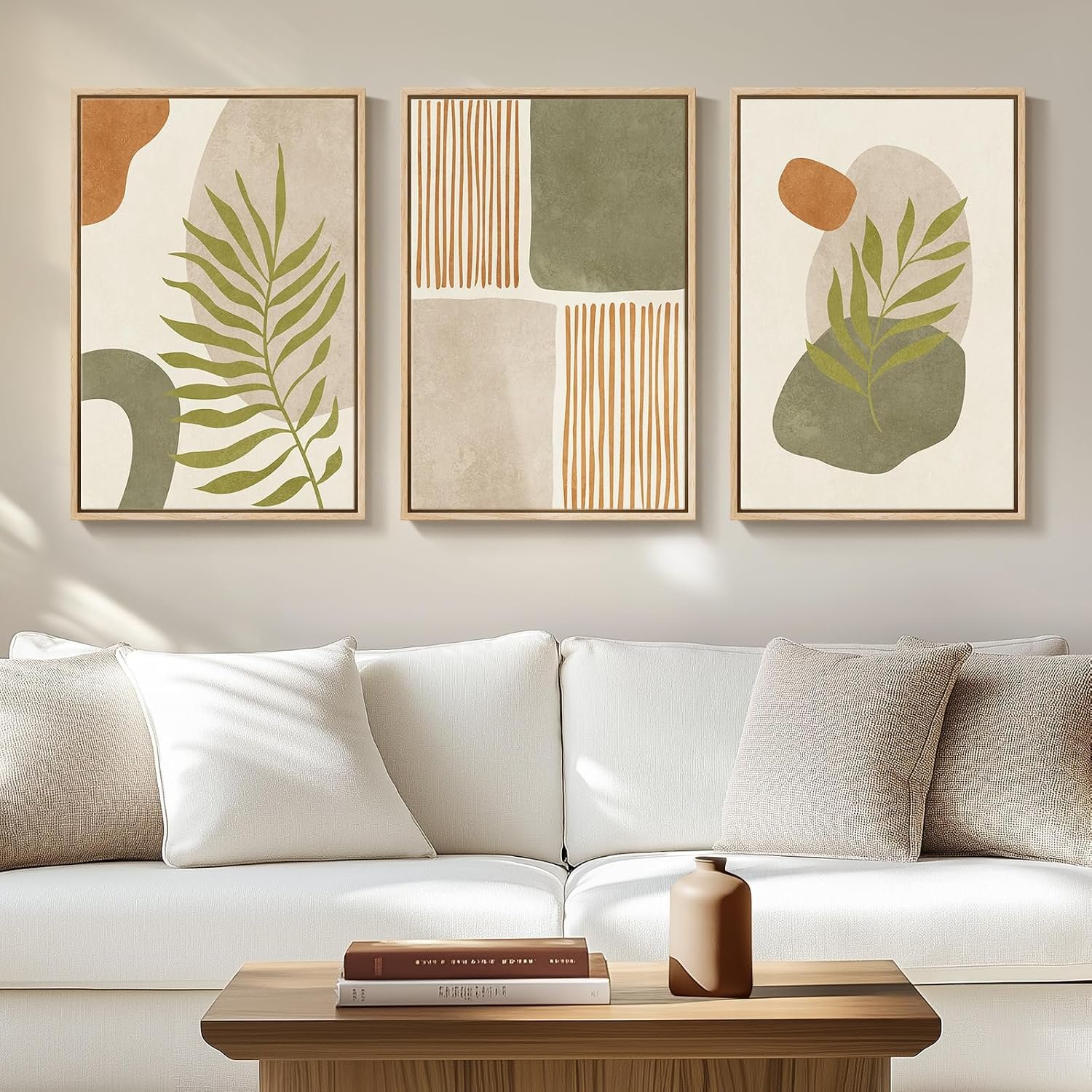 Framed Mid Century Modern Boho Wall Art Bedroom, 3 Piece Tropical Sage Green Paintings Prints Canvas Artwork for Walls, Large Modern Bohemian Pictures for Living Room Hallway Wall Decor, 16×24 Inch