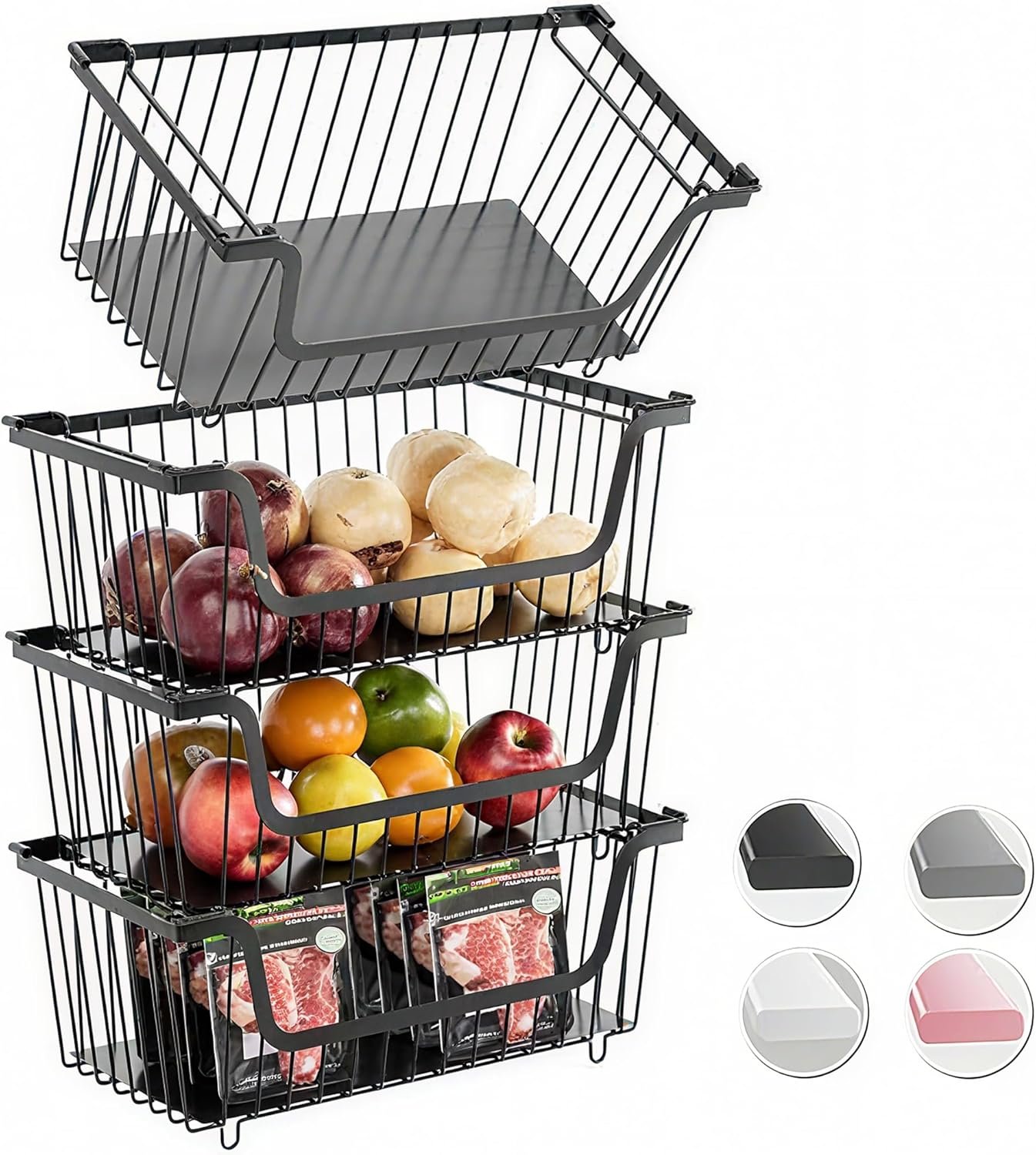 4 Pcs Stackable Wire Baskets Pantry Organizers and Storage Bins,Black | Breathable Metal Design with Rotating Handle,Ideal for Potato Onion Garlic Fruit Snack Veggie Kitchen Countertop Organization