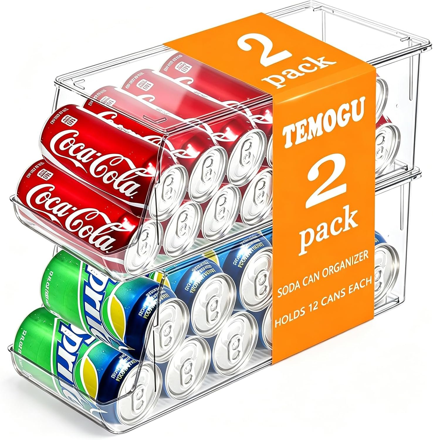 Soda Can Organizer for Refrigerator Stackable Can Holder Dispenser with Lid for Fridge, Pantry, Freezer – Holds 12 Cans Each, BPA-Free, Clear Design, (2-Pack)