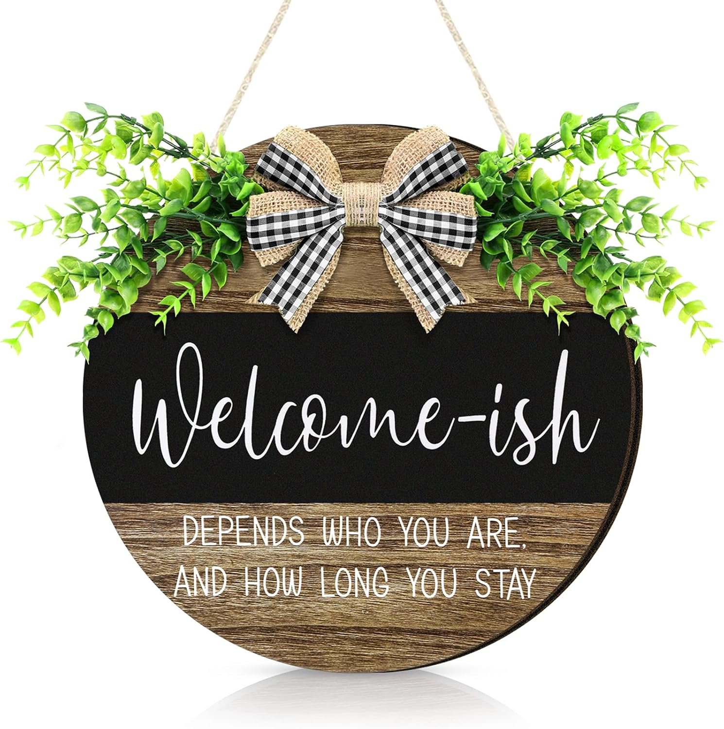 Jetec 3D Welcome Sign for Front Door, 12 Inch Rustic Round Wood Wreaths with Artificial Leaves Farmhouse Porch for House Warming Gifts Home Front Door Decor for All Season(Classic Foliage,Retro Style)
