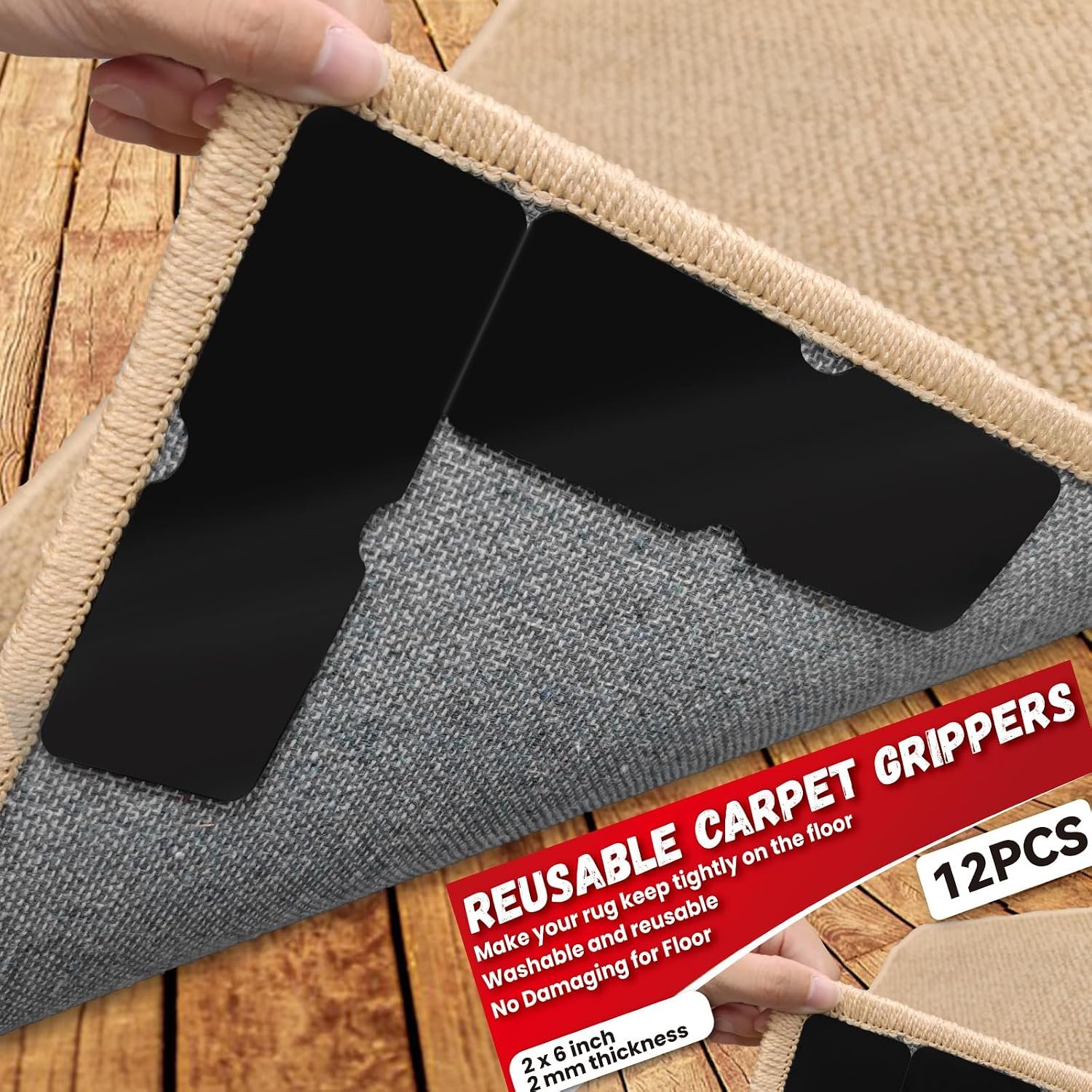 Rug Carpet Non Slip Grippers, Reusable Rug Tape Pads, No Damaging for Hardwood Floors, Strong Hold Carpet Corner Stickers for Area Rugs Flat, Removable, 8Pcs