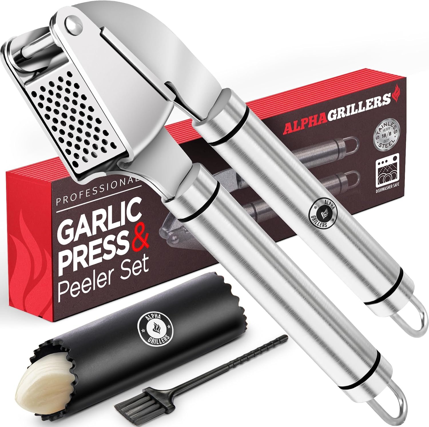 Alpha Grillers Garlic Press Stainless Steel, Mincer, Crusher & Peeler | Dishwasher Safe, Rust-Proof, BPA-Free & Easy to Clean