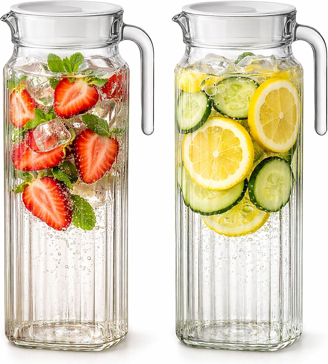 Glass Pitcher with Lid – 2 Pack 34 oz Glass Water Pitcher with Handle, Ribbed Glass Container with Lid and Vented Spout for Fridge Shelf, Iced Tea, Lemonade, Juice