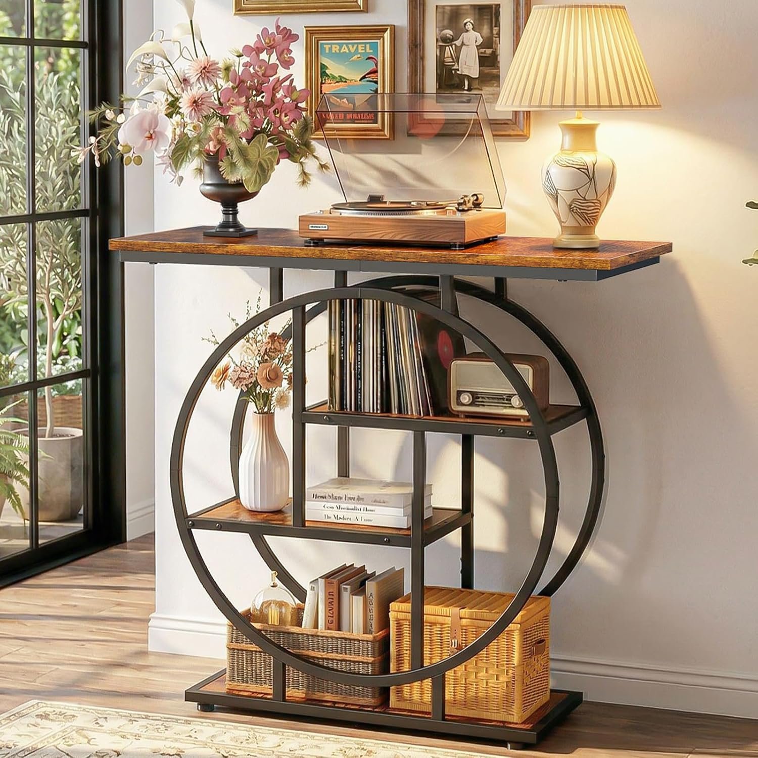 Cottage Charm Entryway Console Table, 31.5″ Sofa Table Behind Couch with Curved Metal Frame and Wood Shelves, Decorative Console Table for Living Room, Hallway, Foyer, Rustic Brown