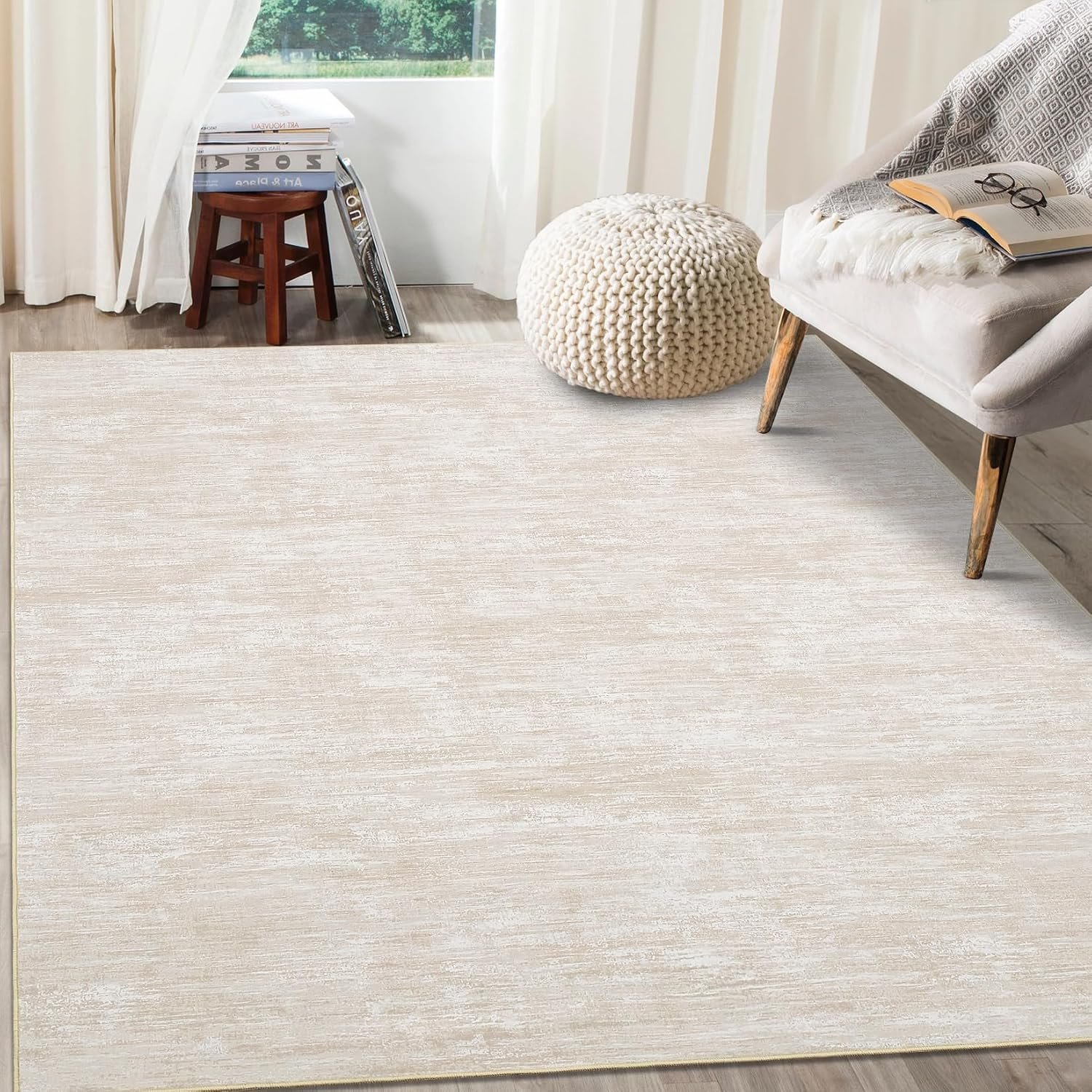 Area Rug 5×7 Machine Washable Area Rug for Living Room Non-Slip Stain Resistant Modern Abstract Bedroom Rug Contemporary Solid Throw Rug Foldable Accent Floor Carpet for Dining Room, Beige
