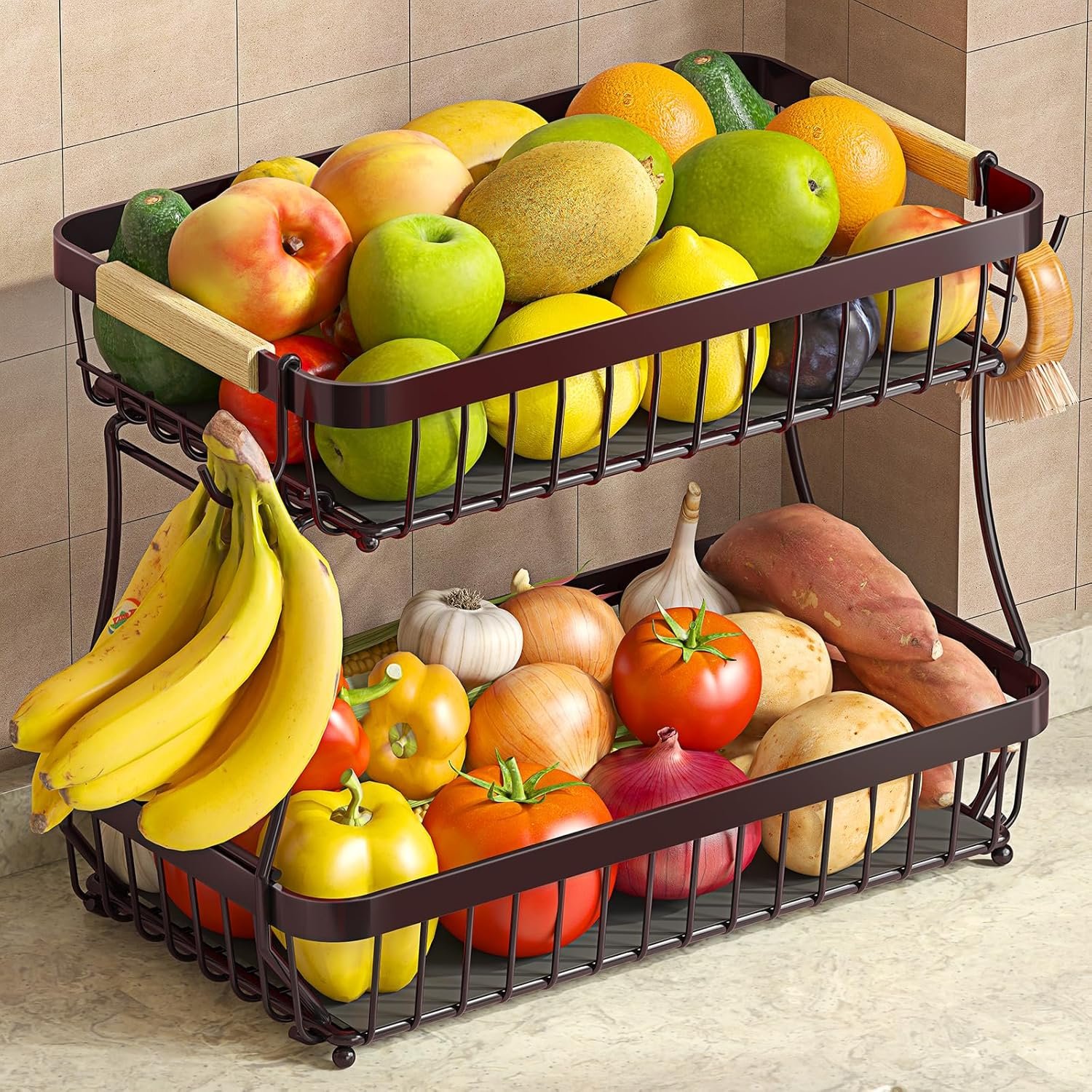 2-Tier Fruit Basket with Banana Hangers, Detachable Metal Bowl | Wooden handle, protective mats included. Versatile holder for bread, snacks, and veggies. Extra Large 2 tier metal design.