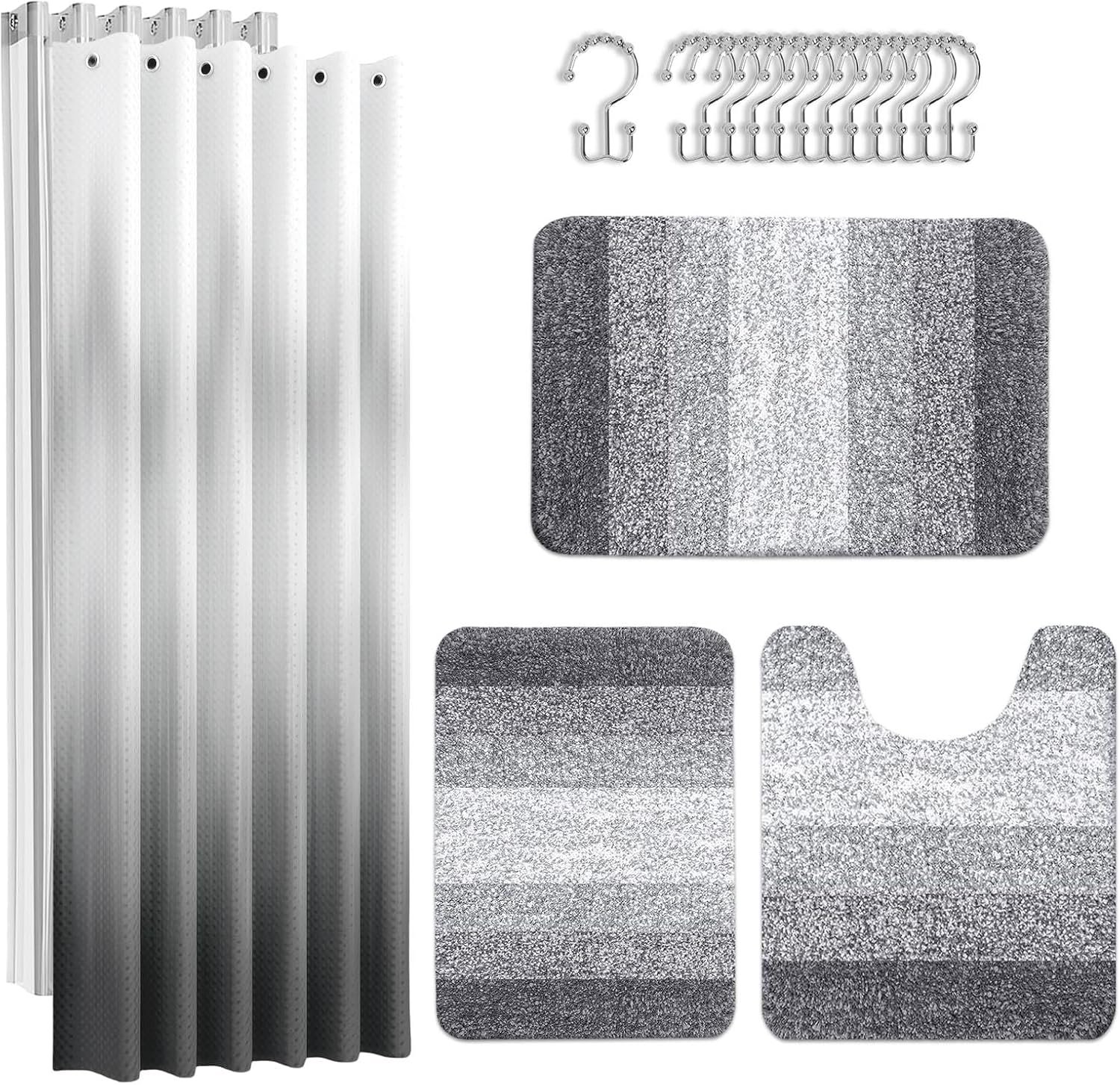 Grey Stripes Bathroom Sets with Shower Curtain and Rugs, Ombre Modern Abstract Vintage Waterproof Shower Curtain Liner and Soft Non Slip Bath Mat for Bathroom Decor and Accessories Hooks