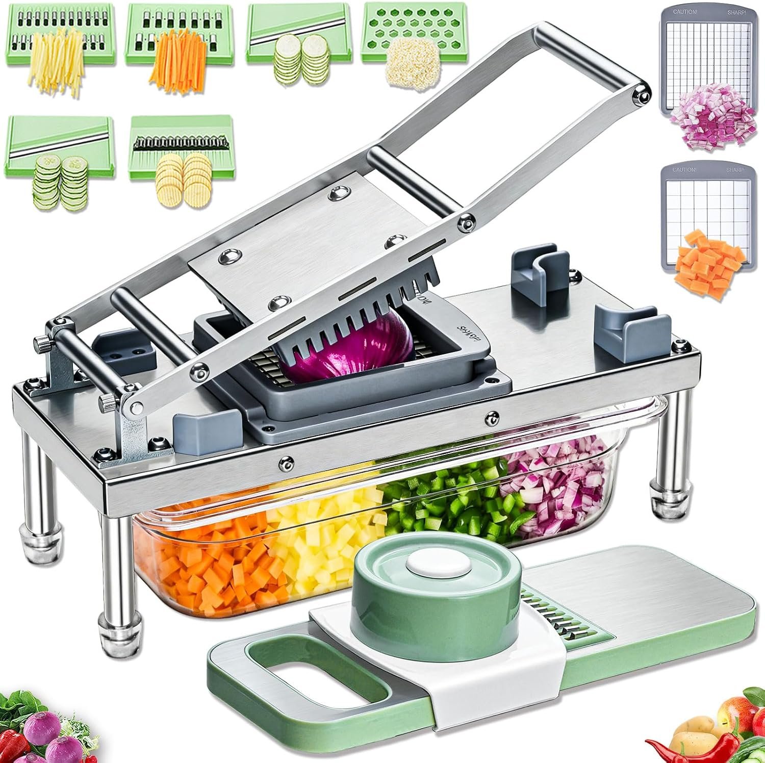 Vegetable Chopper Veggie Cutter Onion Food Potato Dicer with Container | Stainless Steel Construction, Fruit Potato Salad Dicer, Dishwasher Safety, Easy Cleaning, Safety Hand Guards