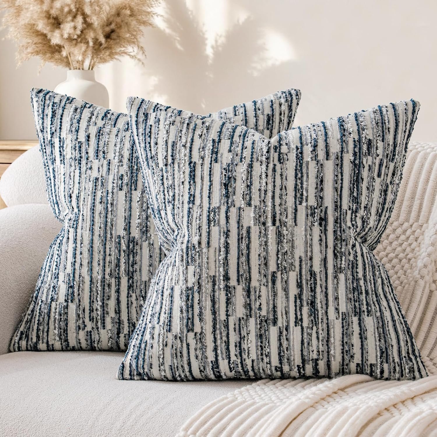 a moment Boho Striped Decorative Throw Pillow Covers 18″X18″ Set of 2,Blue | Rustic Farmhouse Pillow Cases,Aesthetic Modern Home decor,Couch Cushion Covers,For Bed Sofa Living Room