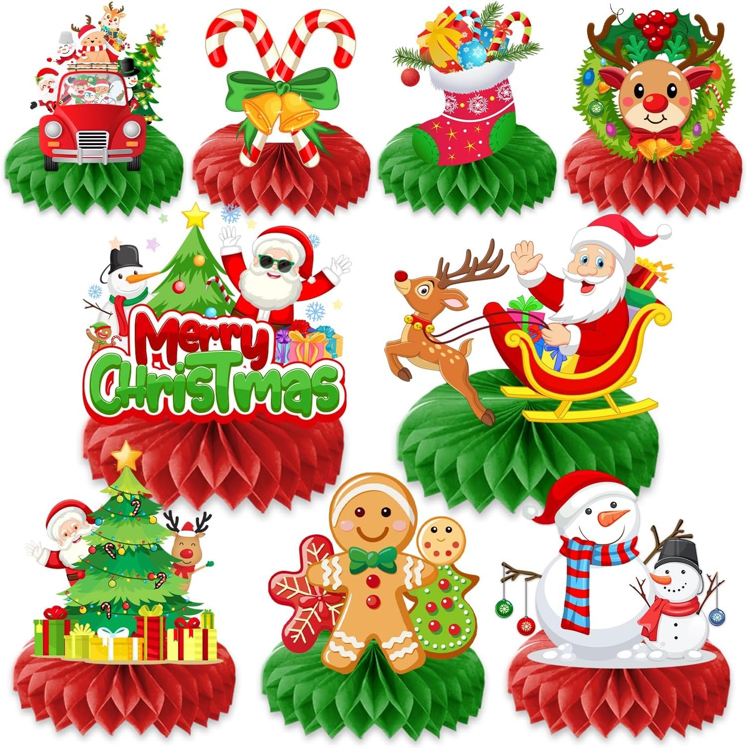 9PCS Christmas Honeycomb Centerpieces Themed Birthday Party Decorations Xmas Reindeer Snowman Centerpiece Table Decoration Party Favors Decor Supplies Gifts for Boys Girls Men Women TT