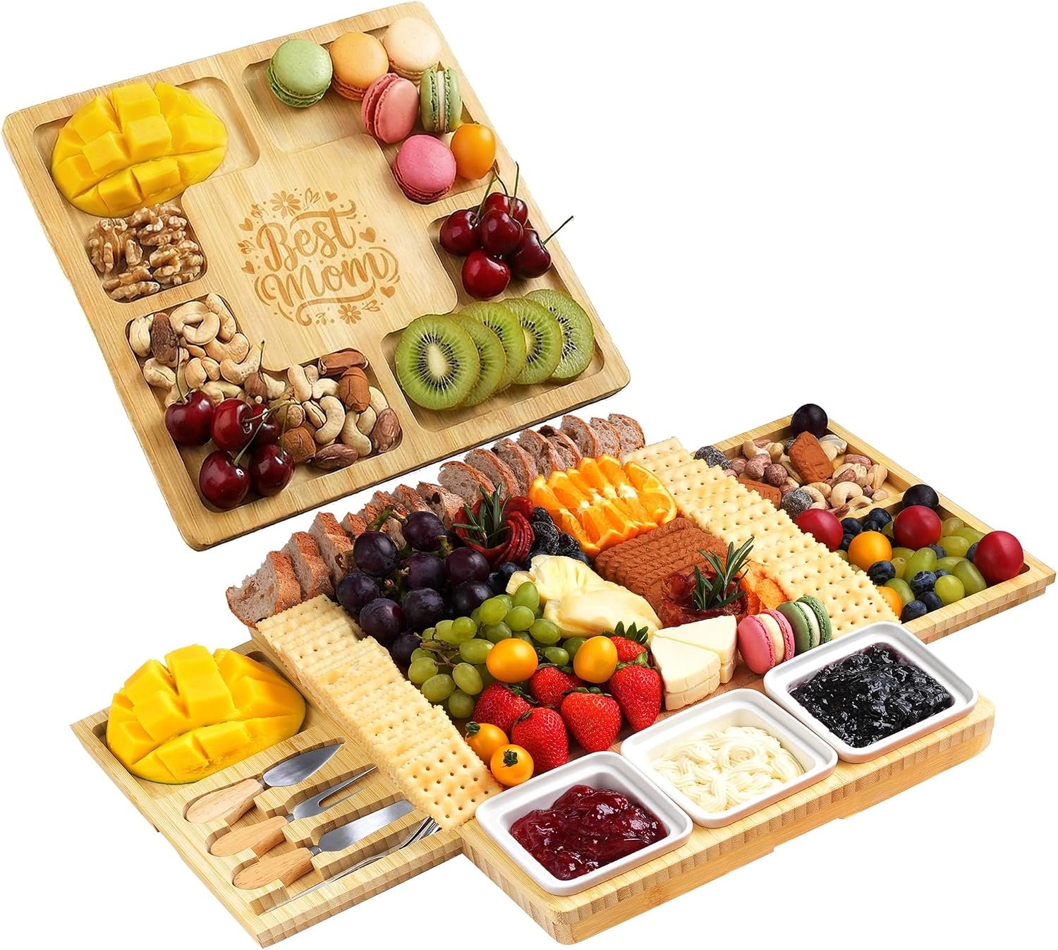 Large Bamboo Charcuterie Board, Double Pull-Out, Engraved Mom Print | 15.8″x12.6″ Cheese Board with Dual Pull-Out Drawers, Ceramic Bowls, Knife Set, Ideal for Parties and Housewarming Mom Gifts