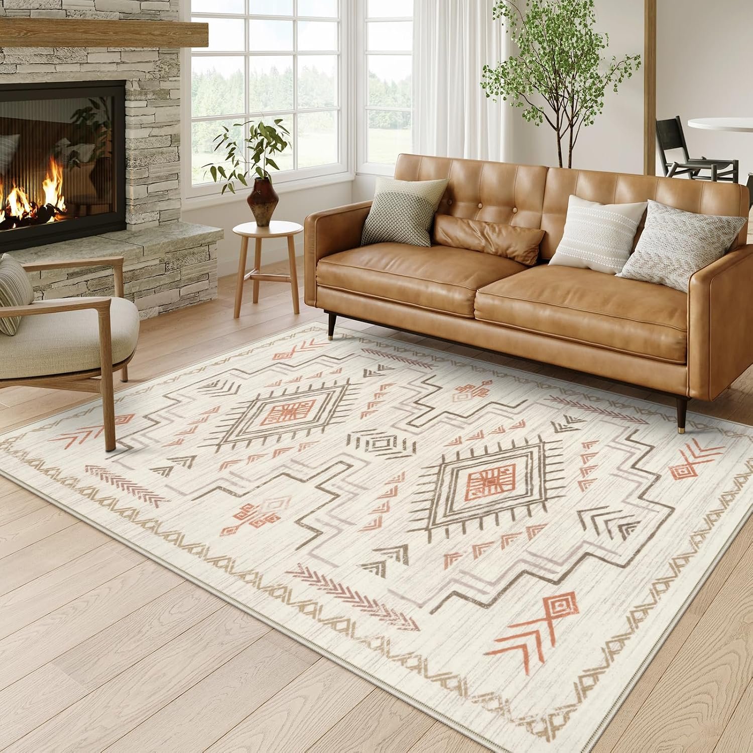 STARUIA Moroccan Washable Area Rug 5×7, Beige Western and Aztec Tribal Boys Neutral Rug for Living Room, Soft Non-Slip Stain Resistant Large Carpet for Bedroom Dining Room
