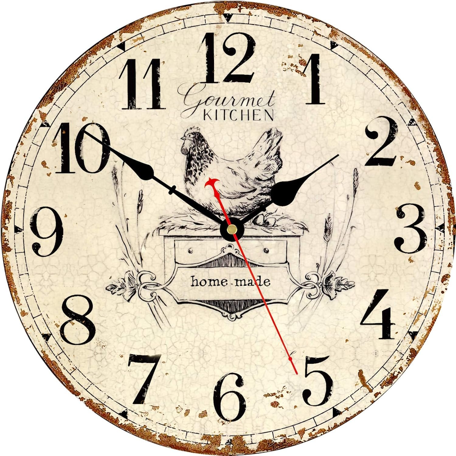 14 In Farmhouse Wall Clock Vintage Hen Wooden Silent Rustic Kitchen Decor | French Country Battery Operated Non-Ticking Retro Arabic Numerals Animal Decorative Clock For Kitchen Home Bedroom