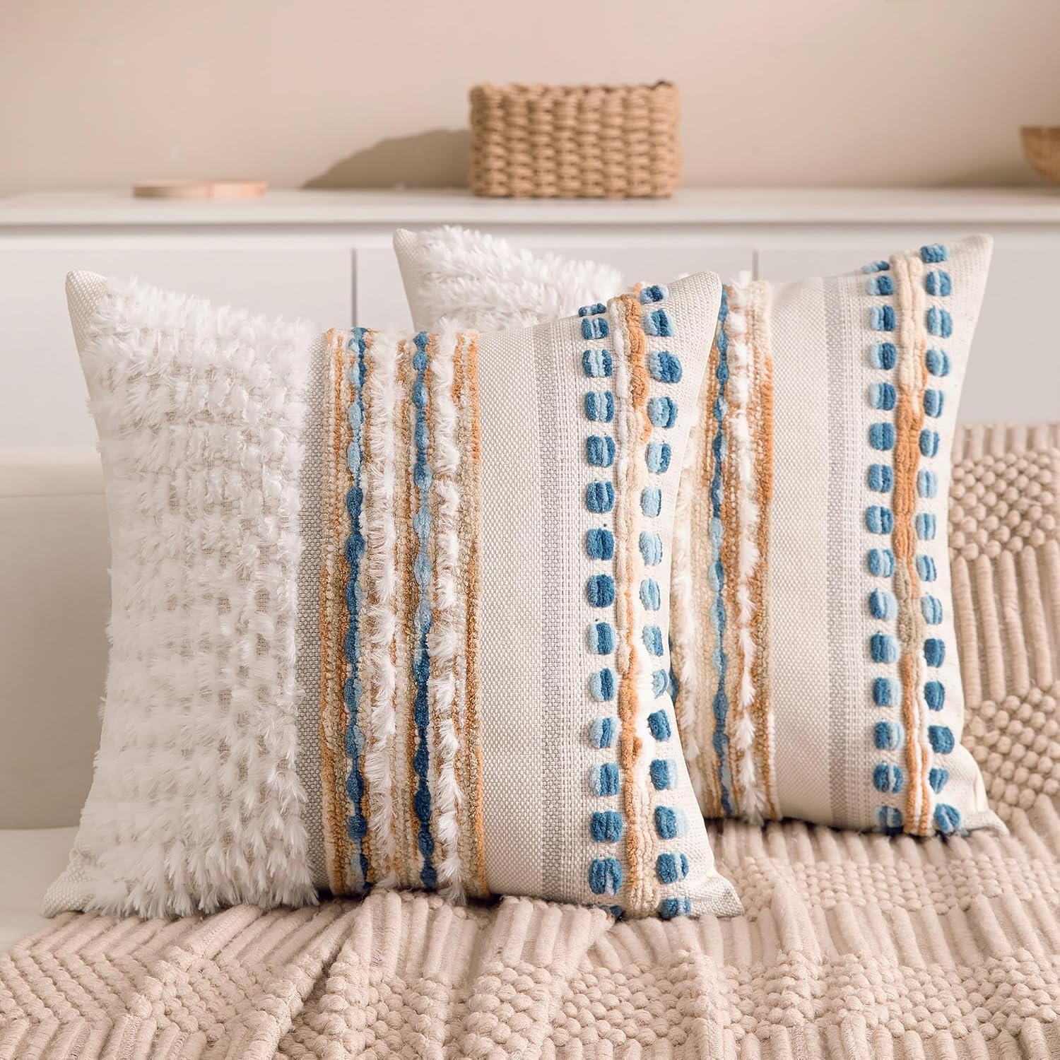Boho Chenille Tufted Couch Throw Pillow Covers 18×18 Inch Set of 2 Farmhouse Striped Decorative Pillow Covers Accent Neutral Pillowcase Caramel Brown Blue Cushion Cover for Livingroom Sofa Bed