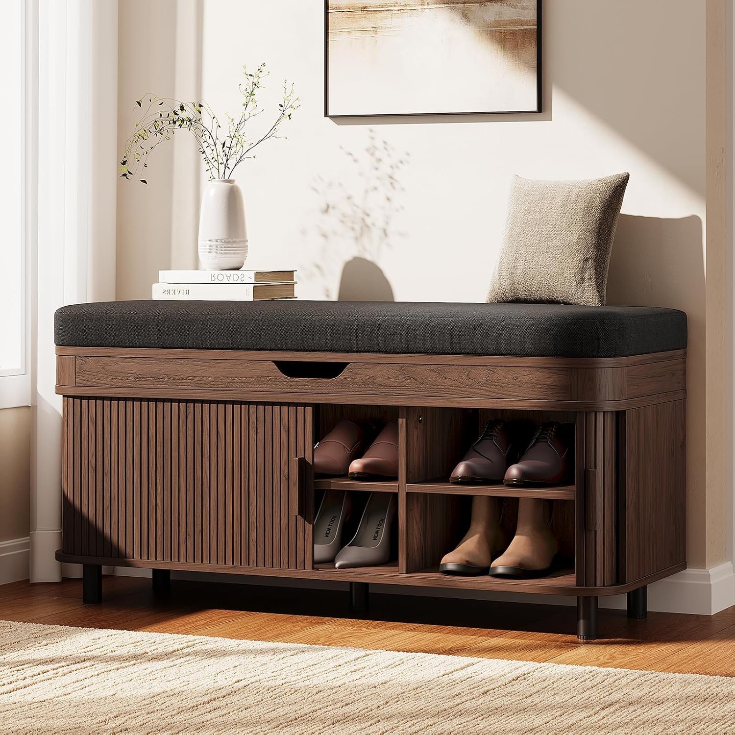 ONBRILL 43.3″ Shoe Storage Bench with Lift Top Storage, Entryway Bench with Storage&Cushion, Fluted Shoe Bench with Sliding Doors, Adjustable Shelf, for Entryway, Hallway, Living Room, Walnut