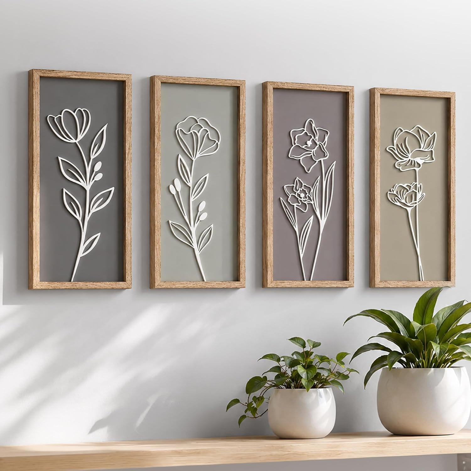Tide and Tales 3d Framed Wall Art, Set of 4, Floral Boho Wall Decor | 7″ x 16″, Lightweight, Wooden, Ready-to-Hang Wall Decor for Living Room, Bathroom, Bedroom, or Office, Botanical Farmhouse