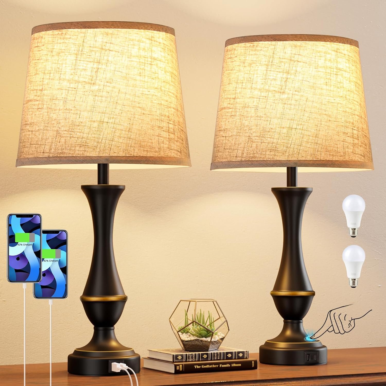 Touch Lamps for Nightstand, 3 Way Dimmable Lamps for Bedroom with USB C+A | Touch Control, USB C+A Charging Ports, Table Lamps for Living Room, Night Stands, Bedside, Bedroom, Bulb Included, Black