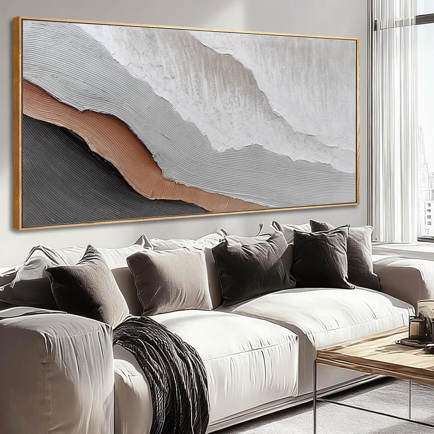 Textured White Wall Art,Grey Abstract Artwork,Large Framed Modern Pictures,Wave Landscape Oil Painting 24″x48″for Home Office Gallery