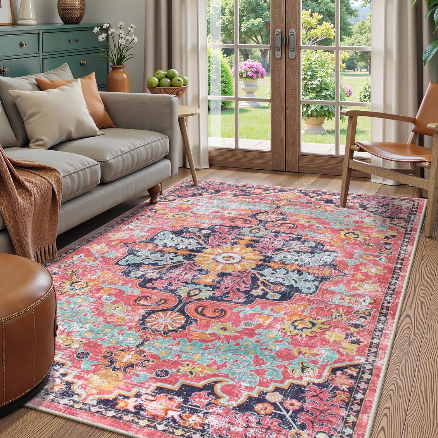 Lahome Reine 5×7 Boho Living Room Rug Colorful Bedroom Rug, Large Bohemian Nursery Rugs, Hot Pink Non-Slip Machine Washable Soft Playroom Mat Indoor Floor Accent Carpet for Dining Table Mud Room