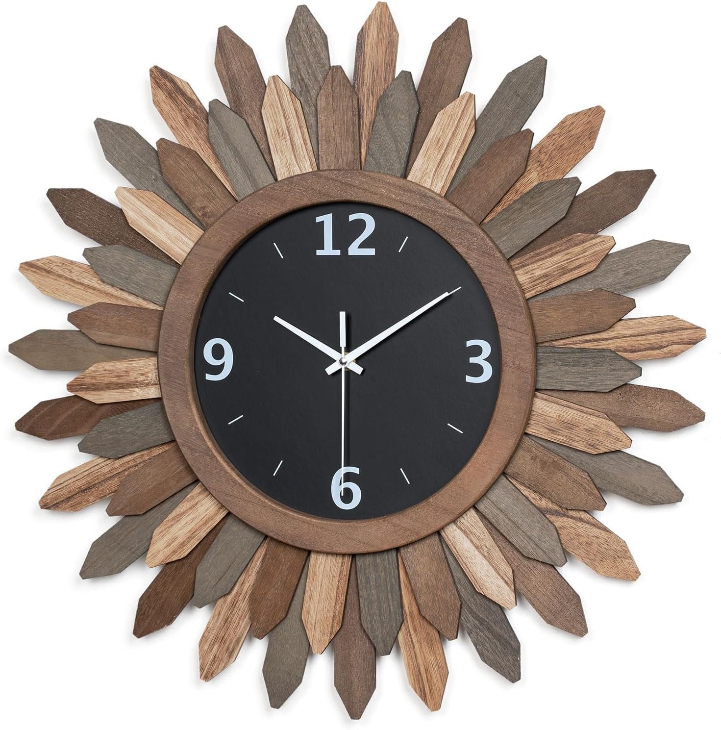 Large Wall Clock Battery Operated 21 in Rustic Wood Boho Sunburst Decorative Wall Clock Silent Non Ticking Farmhouse Wall Clocks for Living Room Bedroom Kitchen Bathroom Decor (Tricolor)