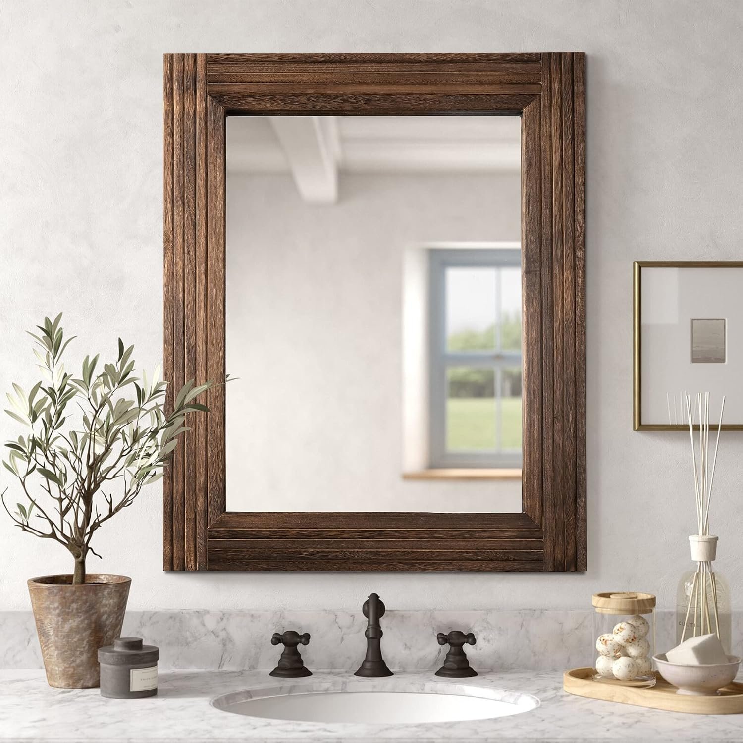 Hand-Made Wooden Spliced Wall Mirror for Bathroom, Rustic Farmhouse Vanity Mirror, Décor Wall Art, Solid Wood Frame, Vertical or Horizontal Hanging