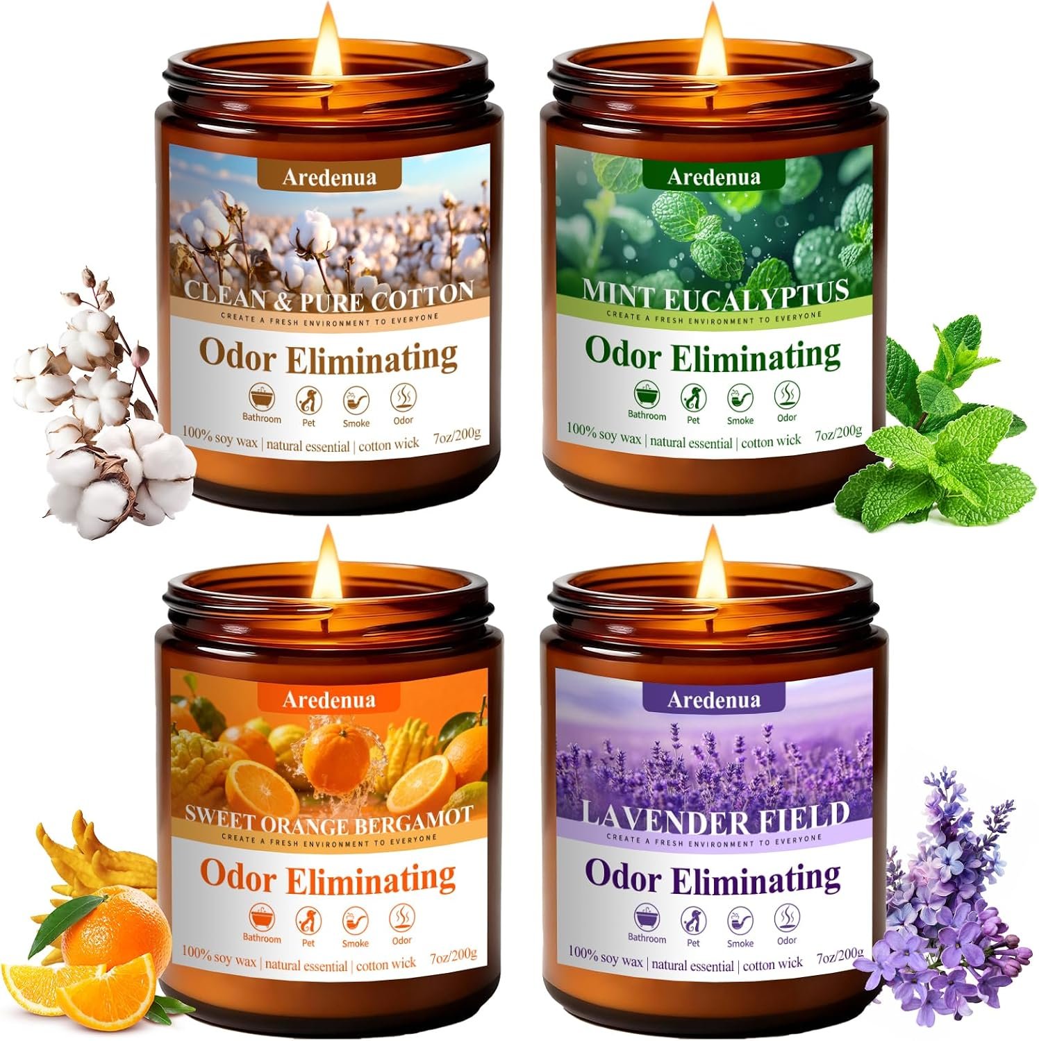 4-Pack Odor Eliminating Candles, 28 oz Soy Scented Candle | Eliminates 95% of Pets, Smoke, Food and Bathroom Odors, 200 Hour Burn, Air Fresh Scent of Lavender,Orange,Mint,Cotton