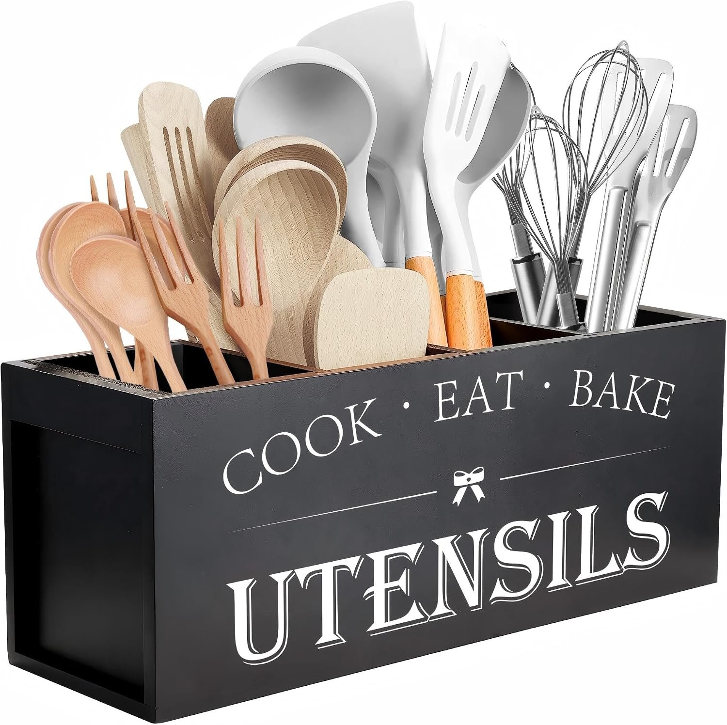 Suli Extra Large Utensil Holder Countertop for Kitchen Counter,Wood,Black | Hold 40 Utensils,4 Removable Divider,Rutic Silverware Organizer Caddy,Spacesaving,Farmhouse Cooking Crock for Spatula,Spoon