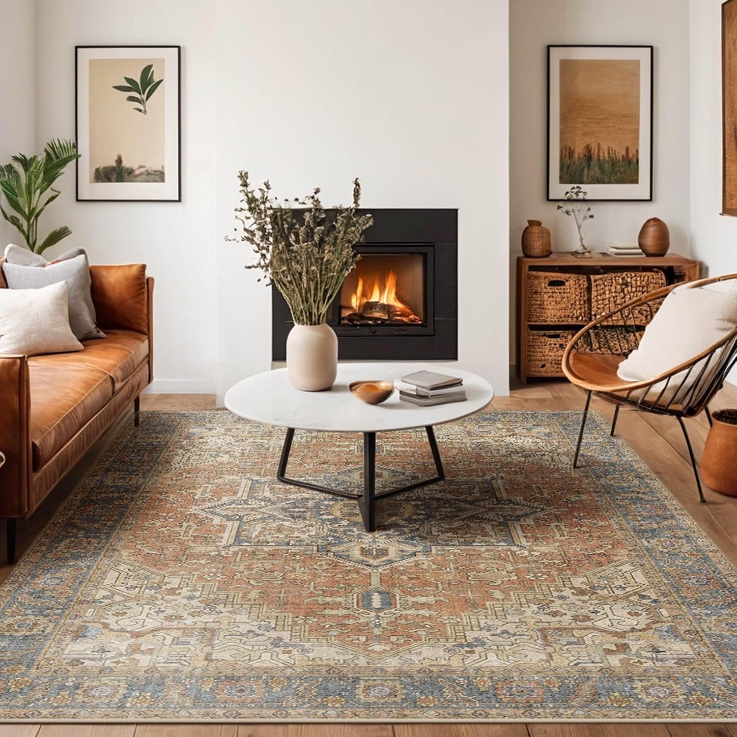 8×10 Terracotta Rust Earth Tone Vintage Boho Oriental Washable Area Rug | Low Pile Non-Slip Carpet with Distressed Medallion; Bohemian Style for Large Living Rooms, Bedrooms, Dining Room, Home Office