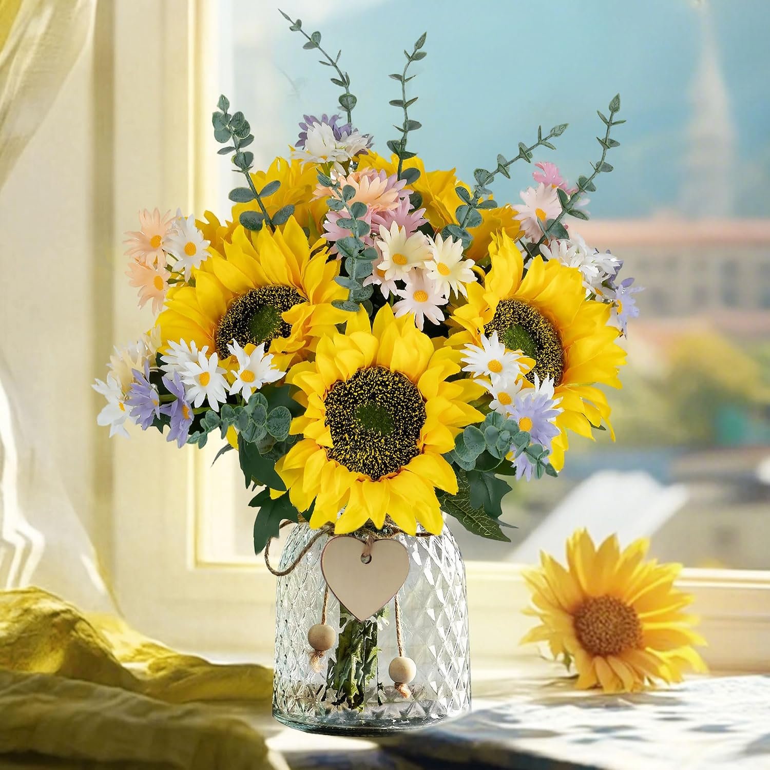 BLOSMON Sunflower Centerpieces for Tables, Fake Flowers Bouquet in Vase | Glass Vase with 5 Large Sunflowers, Eucalyptus Stems, Daisies, Faux Floral Arrangements for Kitchen, Bathroom, Party Decor