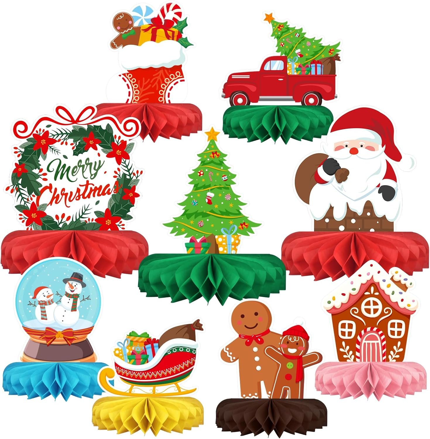 Merry Christmas Party Decorations Bundle – Includes Festive Christmas Honeycomb Centerpieces ，Santa Claus Snowman Table Toppers, Perfect for Classroom Decor, Christmas & Winter Birthday Party Supplies