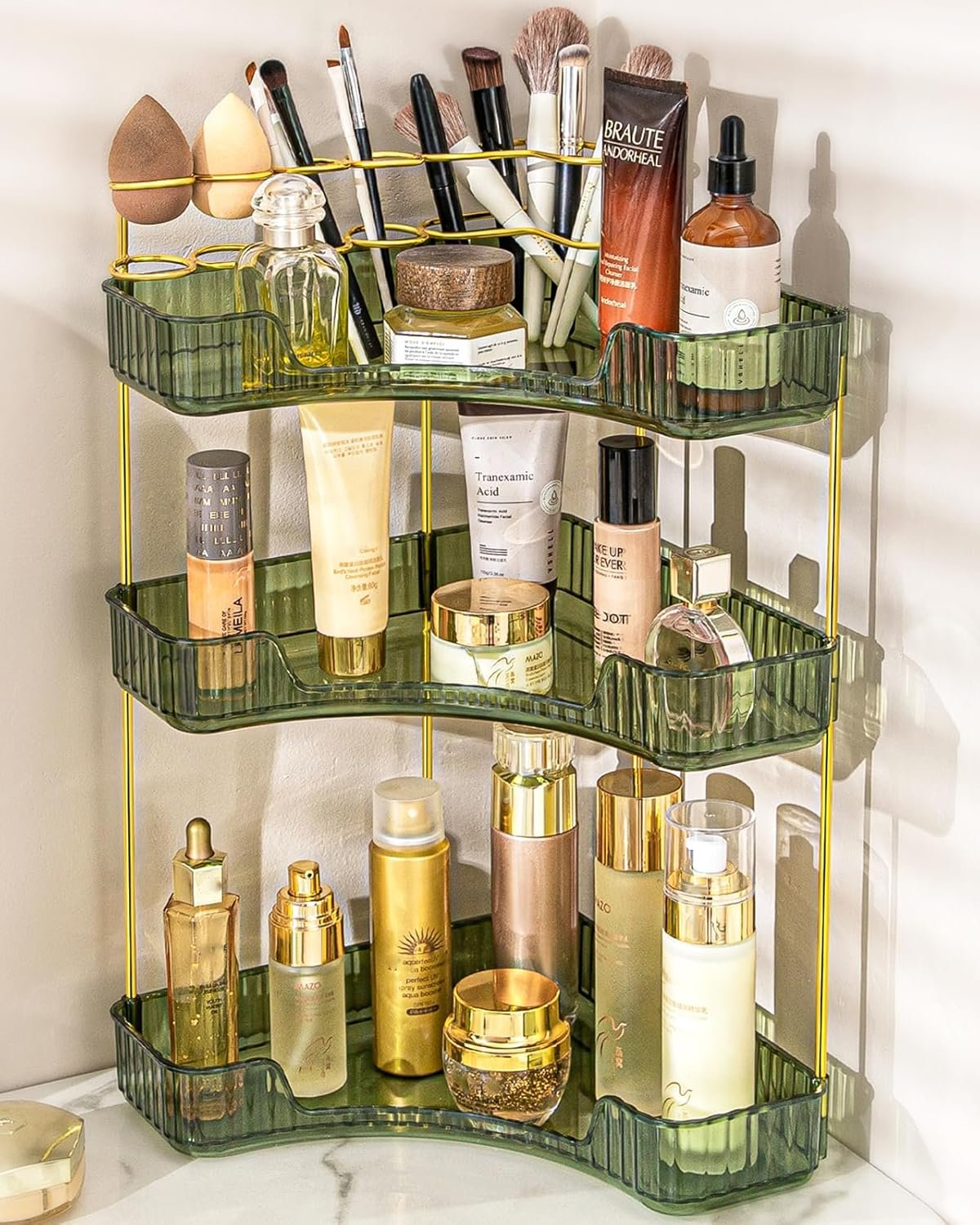 NATURE’S SOURCE Makeup Organizer for Vanity, 3-Tier Corner Bathroom Organizer Countertop with Makeup Brush Holder, Corner Counter Storage for Bathroom Dresser- Green | Corner Bathroom Organizer Countertop, Acrylic Counter Storage for Bathroom Dresser, Skincare Perfume Organizer- Green