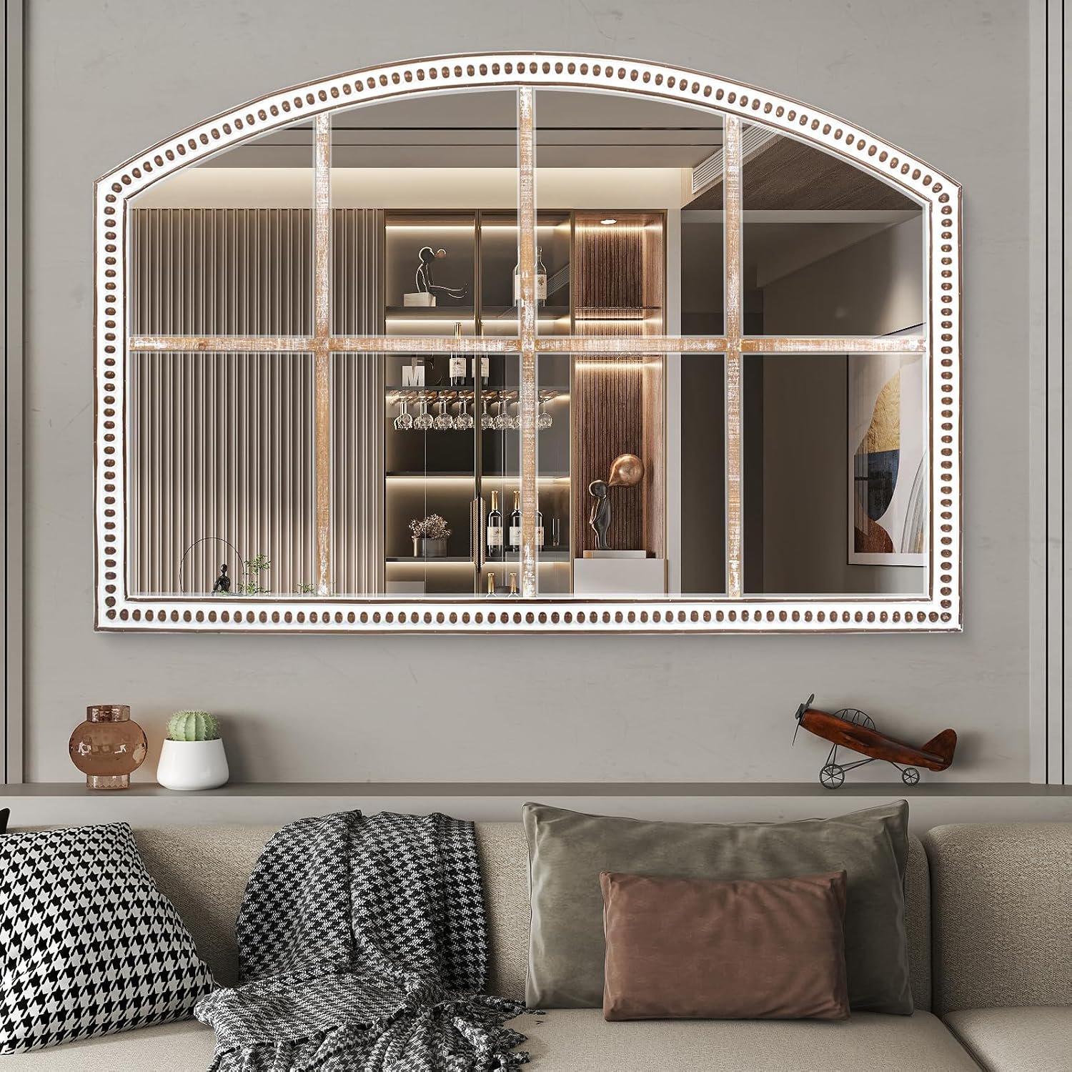 28×42 Inch Farmhouse Windowpane Mirror, Distressed Wood Arched Wall Mirrors | Large Statement Accent, Vintage Charm, Decorative Styling for Fireplace Mantel, Living Room, Entryway, Foyer and Hallway