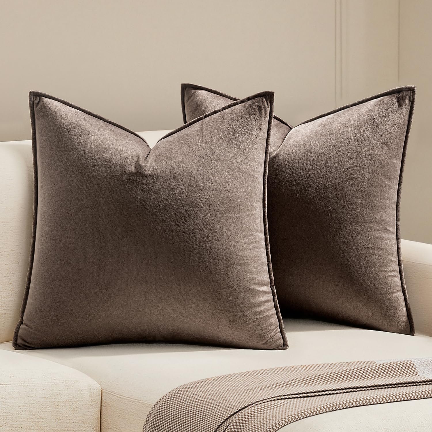 MIULEE Decorative Dark Coffee Velvet Throw Pillow Covers for Couch 18×18 in | 2 Pack, Taupe Neutral Soft Solid Square Pillow Covers, Modern Luxury Home Decor, For Sofa Bed Living Room