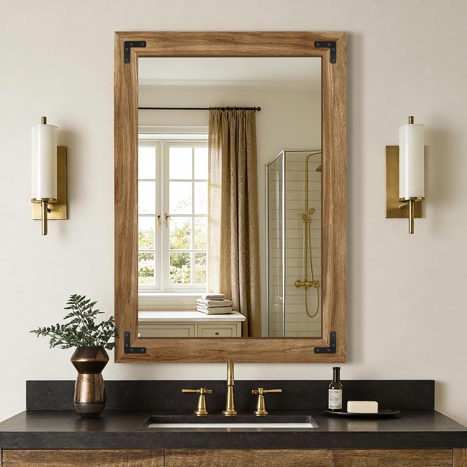 AMOISE Farmhouse Bathroom Vanity Mirror 40″x28″ Vintage Rustic Wall Mirror | Wood Frame, Over Sink Mirror for Bathroom, Entryway, Bedroom, Living Room, Vertical or Horizontal Hanging