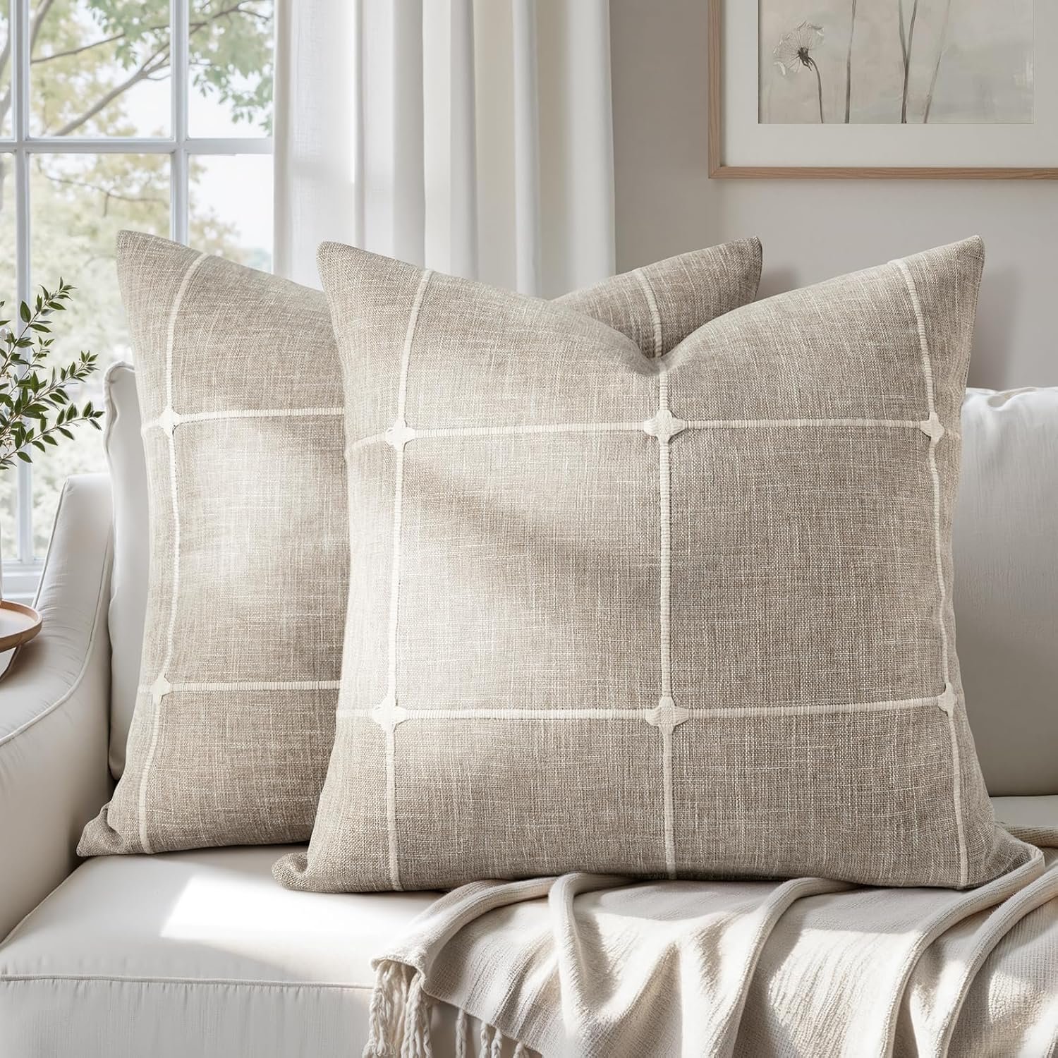 HOMEIDEAS Decorative Plaid Throw Pillow Covers 18×18 Set of 2, Tan Farmhouse Pillow Covers, Neutral Faux Linen Cushion Covers for Couch Sofa Bed Home Decor