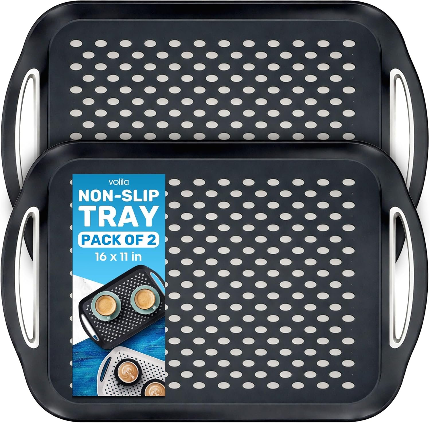 Food Trays for Eating on Couch – 2 Pack – Non Slip Dinner Trays for Eating Set of 2 Non Slip Serving Tray and Food Tray with Handles (Black)