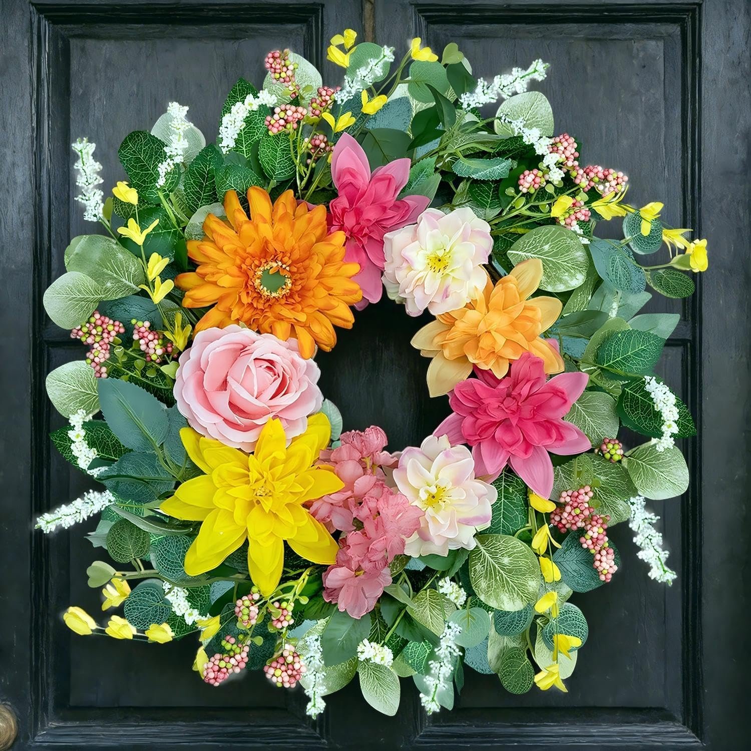 Spring Wreaths for Front Door 24 Inch,Outdoor Front Door Wreath with Florals Peony & Rose, Artificial Spring Summer Wreath for Porch Garden Wall Window Farmhouse Indoor Outdoor Home Decor