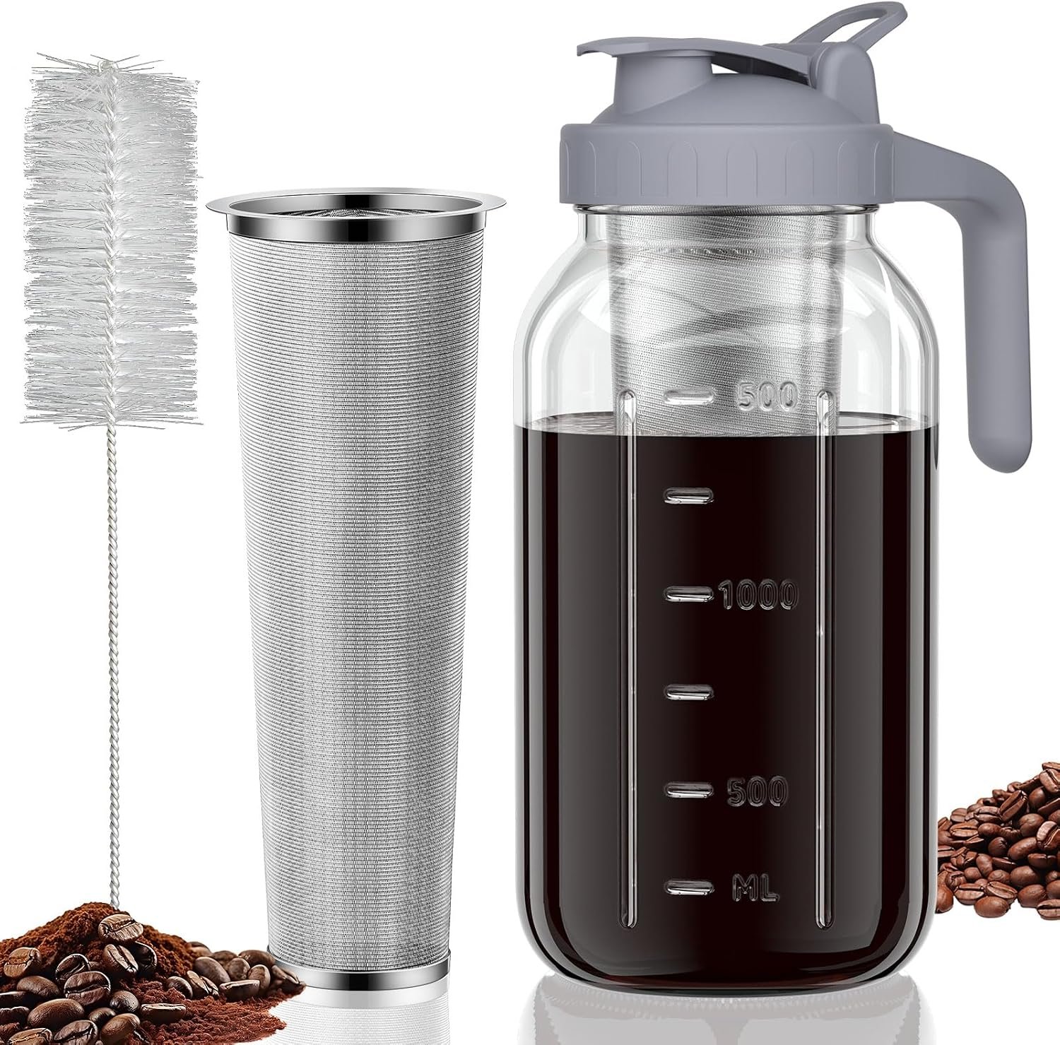 JunVpic Cold Brew Coffee Maker Jar – 64oz Wide Mouth,LeakProof,Heavy Duty Glass Mason Pitcher with Spout Lid,Handle & Stainless Steel Filter for Iced Coffee,Lemonade,Ice Tea & Fruit Drinks