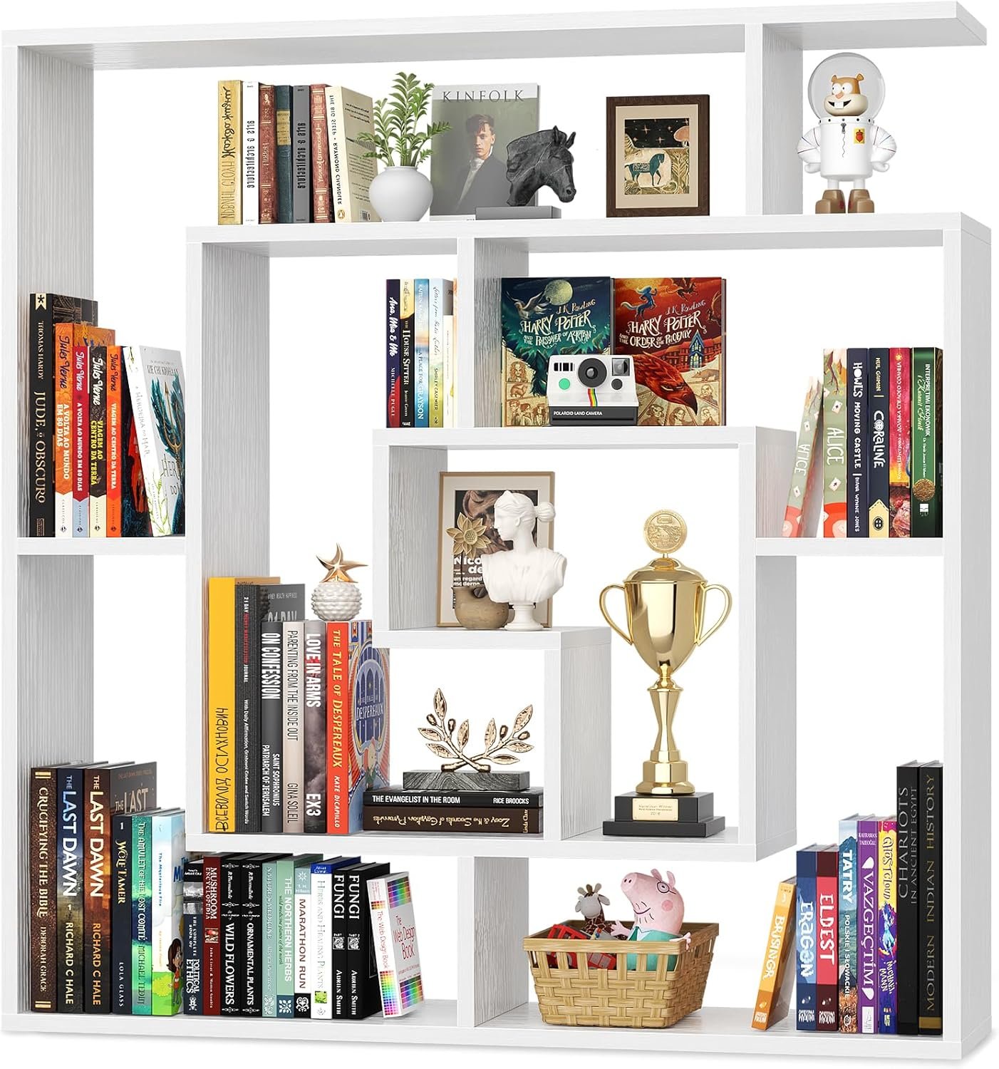 Geometric Wall Mounted Shelf, Freestanding Display Shelves for Collectibles | Floating Bookshelf Decorative Book Case Wall Shelving, for Bedroom, Living Room, Home Office, 45.5″W * 47″H, White
