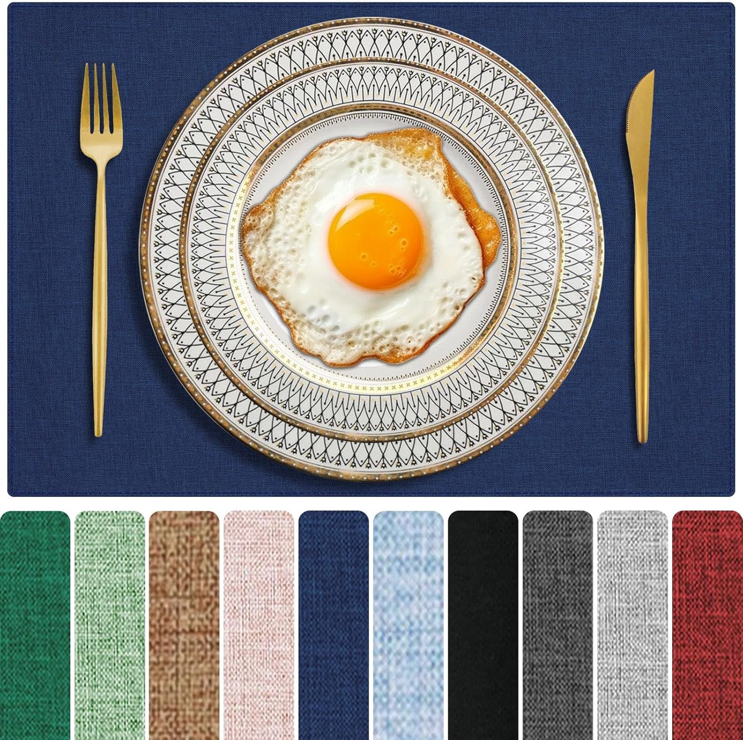 Cloth Placemats Set of 6, Cotton Linen Blend Place Mats, Navy Blue | Machine Washable, Double Layered, Heat Resistant, Fabric Dining Table Mats for Kitchen, Indoor & Outdoor, 13″ x 19″