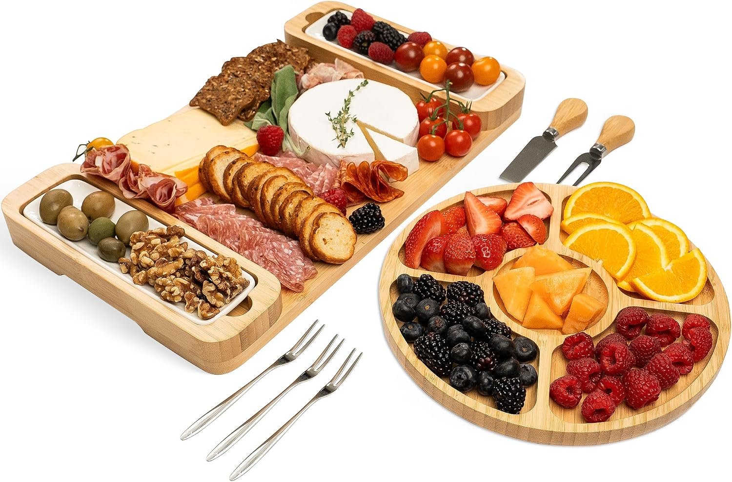 Charcuterie Boards Gift Set – Large Bamboo Cheese Board with Knives & Bowls | Includes Serving Tray and 2 Ceramic Bowls, Serves Meat, Crackers and Fruit, Wedding, Housewarming, Birthday Gifts for Women