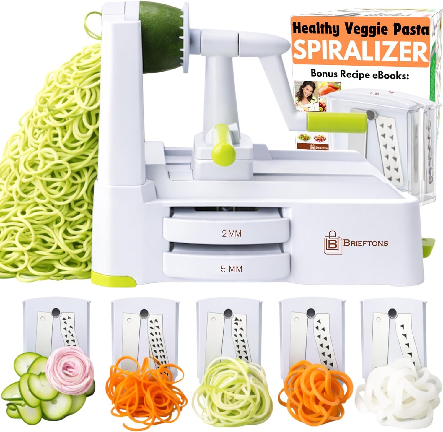Brieftons 5-Blade Vegetable Spiralizer & Veggie Noodle Maker: Japanese 420-Grade Steel Blades for Zucchini Pasta, Sweet Potato & Beet Noodles, Strong Suction Pad, 4 Recipe eBooks | Keto Vegan Paleo