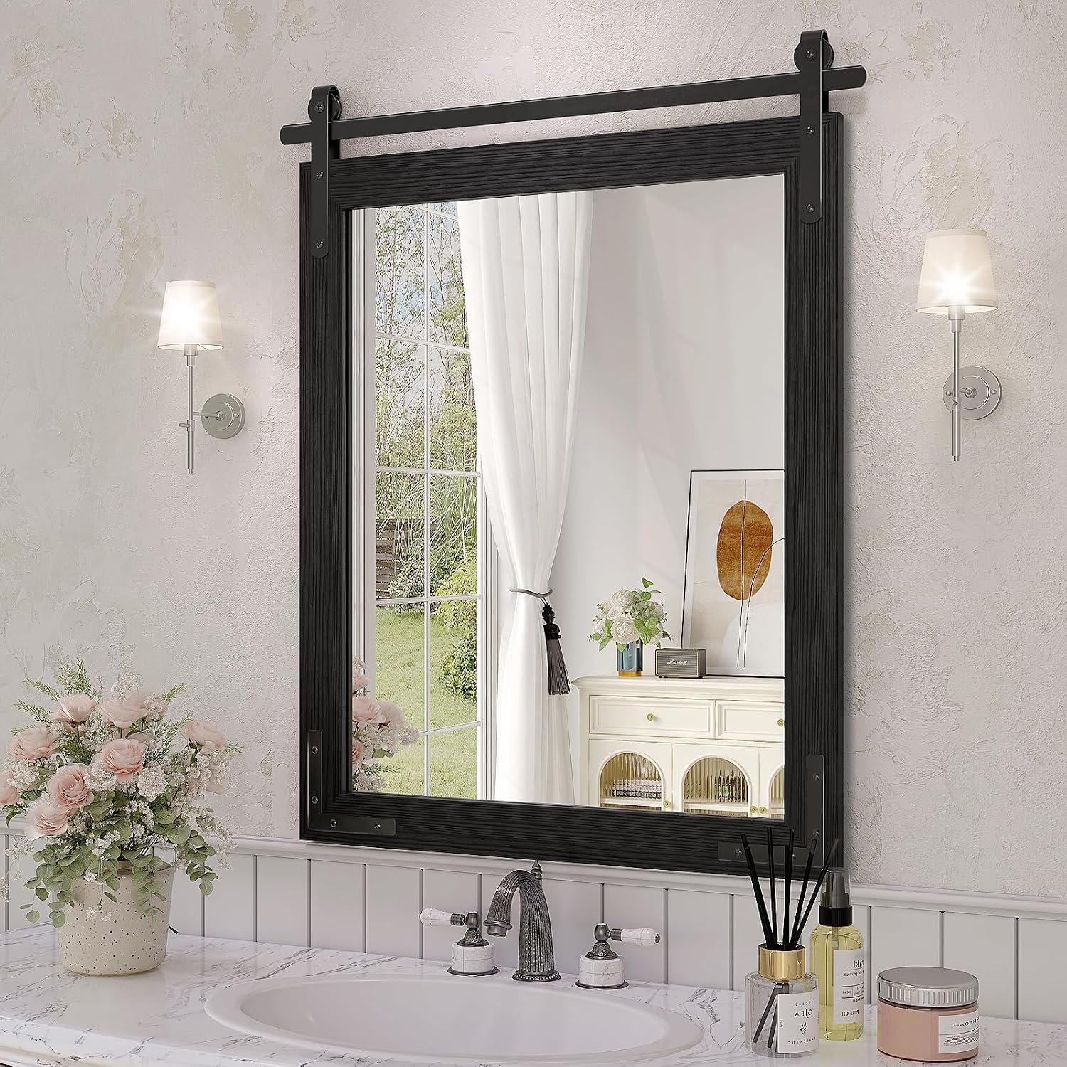 Black Farmhouse Bathroom Mirror, 22″x30″ Rustic Bathroom Mirrors | 5mm HD glass, solid wooded framed, rectangle, shatterproof, barn door style, anti-rust, for bathroom/bedroom/entryway