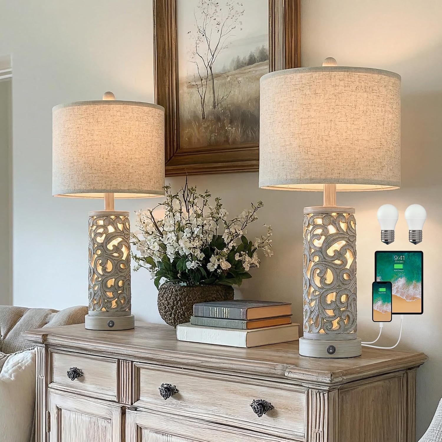 OYEARS Bedside Table Lamps Set of 2 with USB & Night Light, 22” Farmhouse Bedroom Lamps for Nightstand, Vintage Table Lamps for Bedroom Living Room Home Offce (Bulb Included)