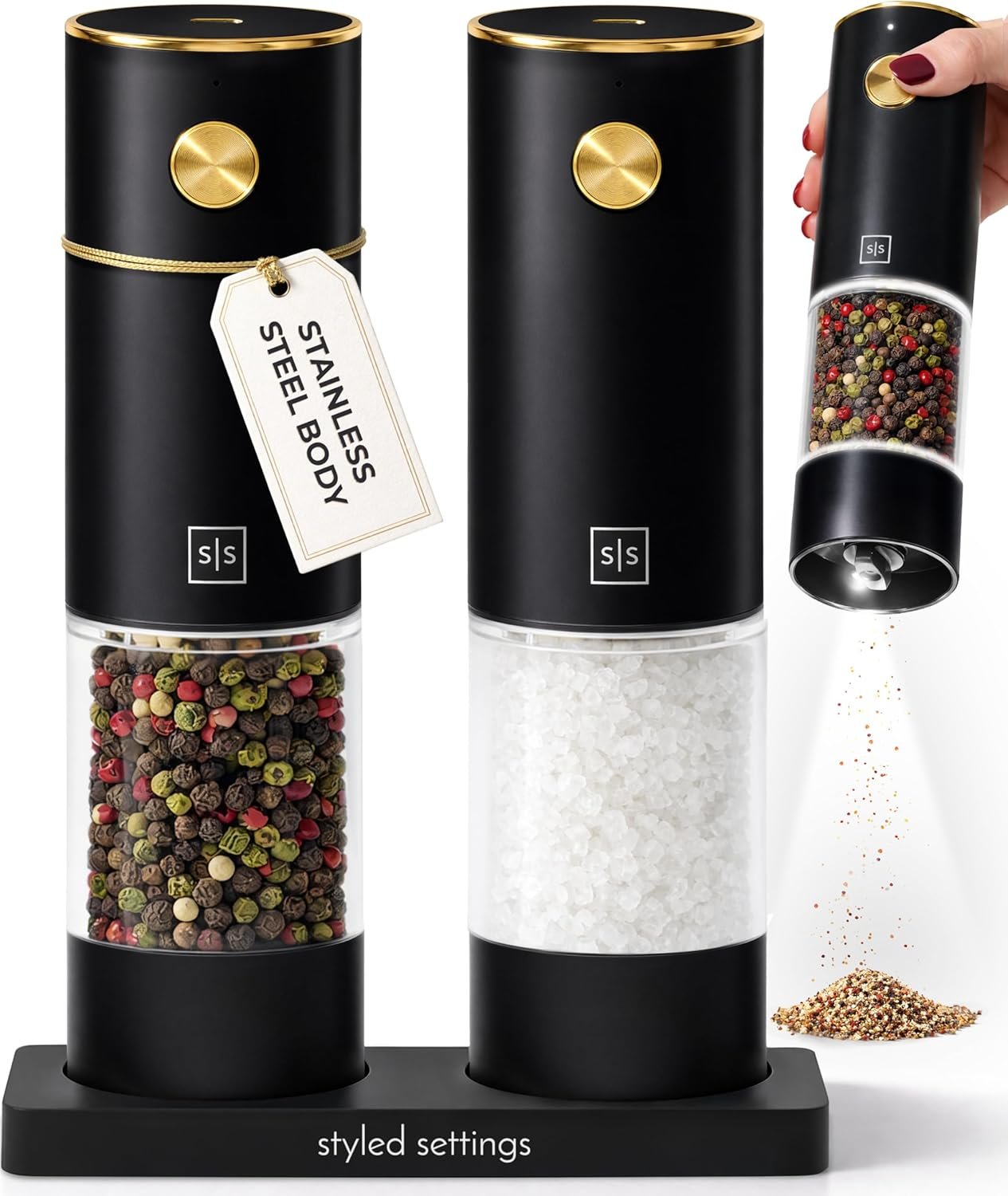 Styled Settings Electric Salt and Pepper Grinder Set Rechargeable, Black | Automatic Salt and Pepper Shaker Set with USB-C Port, LED Light, Adjustable Coarseness, One Touch Control, Stainless Steel