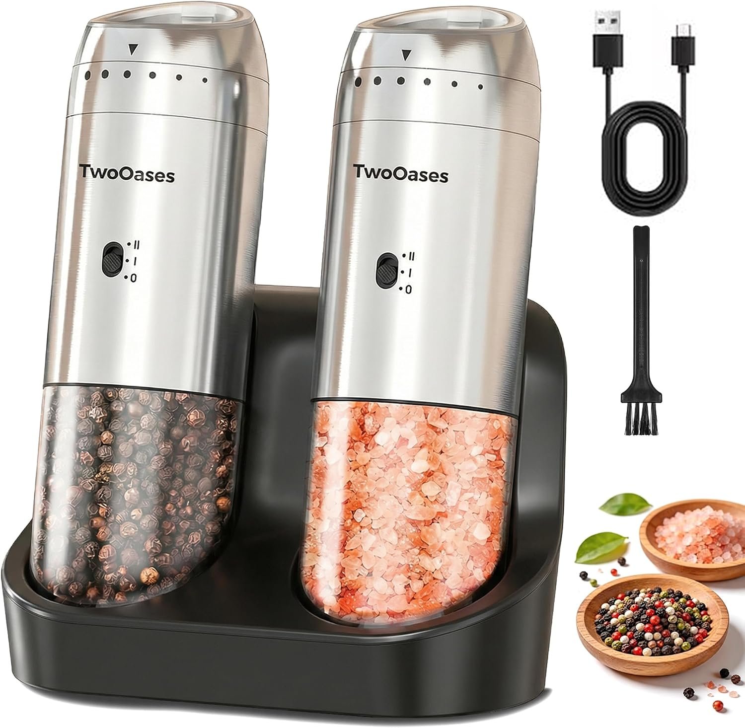 Electric Salt and Pepper Grinder Set, Rechargeable Automatic Pepper Mill | 5.95oz Capacity, Dual-Speed Control, Adjustable Coarseness, Charging Base, Stainless Steel, Gravity Operation, LED Light